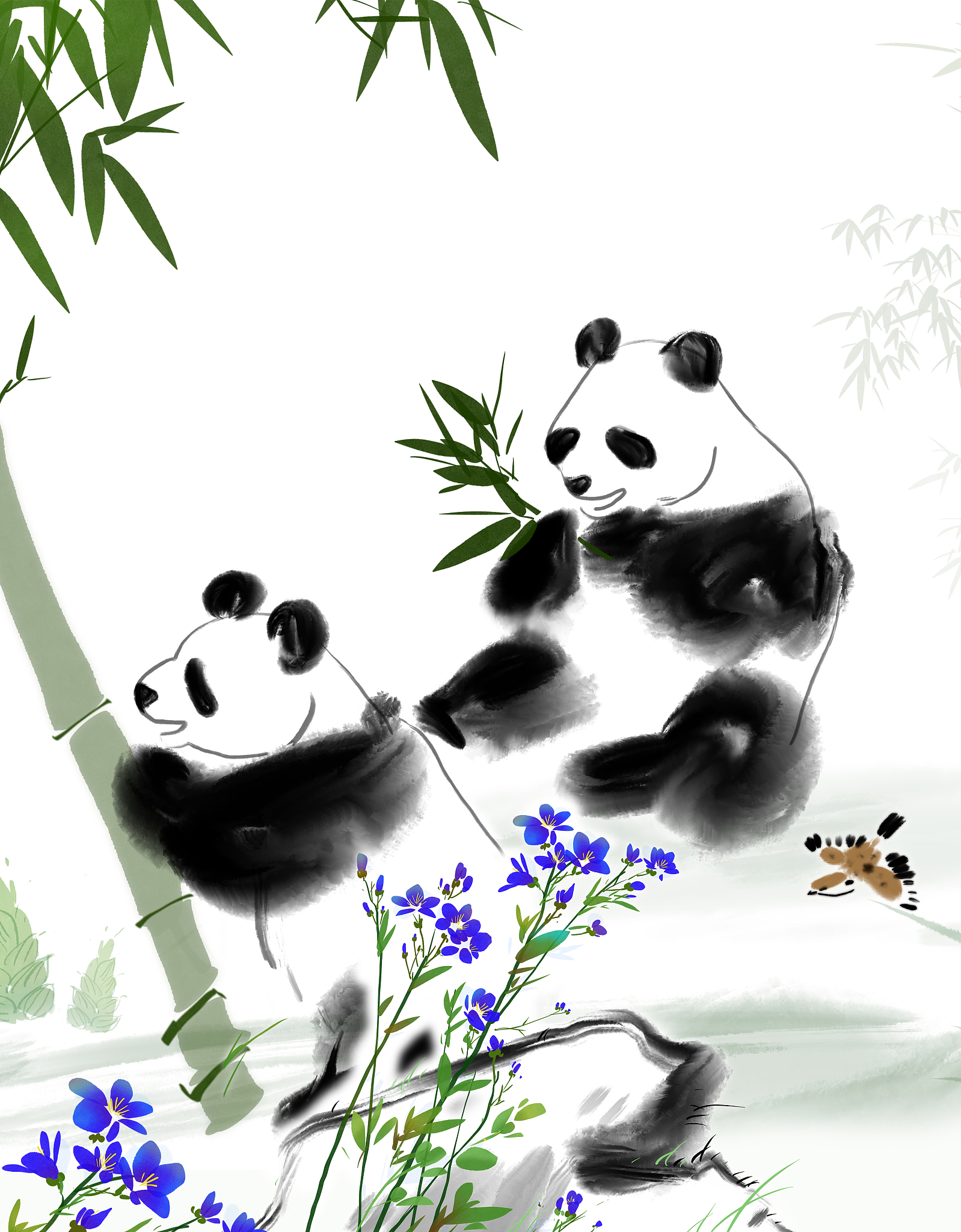 中国水墨插画国宝大熊猫