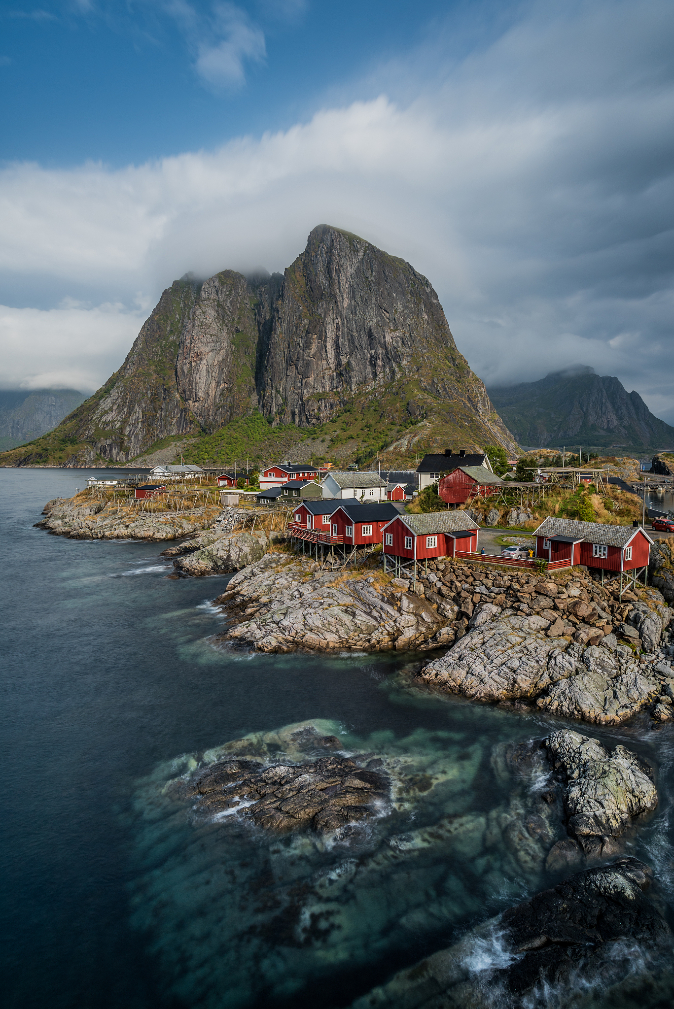 view of hamny or hamnya, a small fishing village on lofoten isla