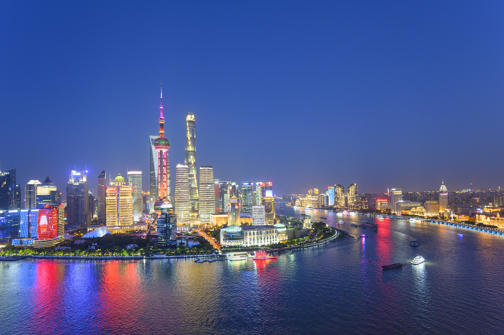 aerial skyline view of shanghai at dusk