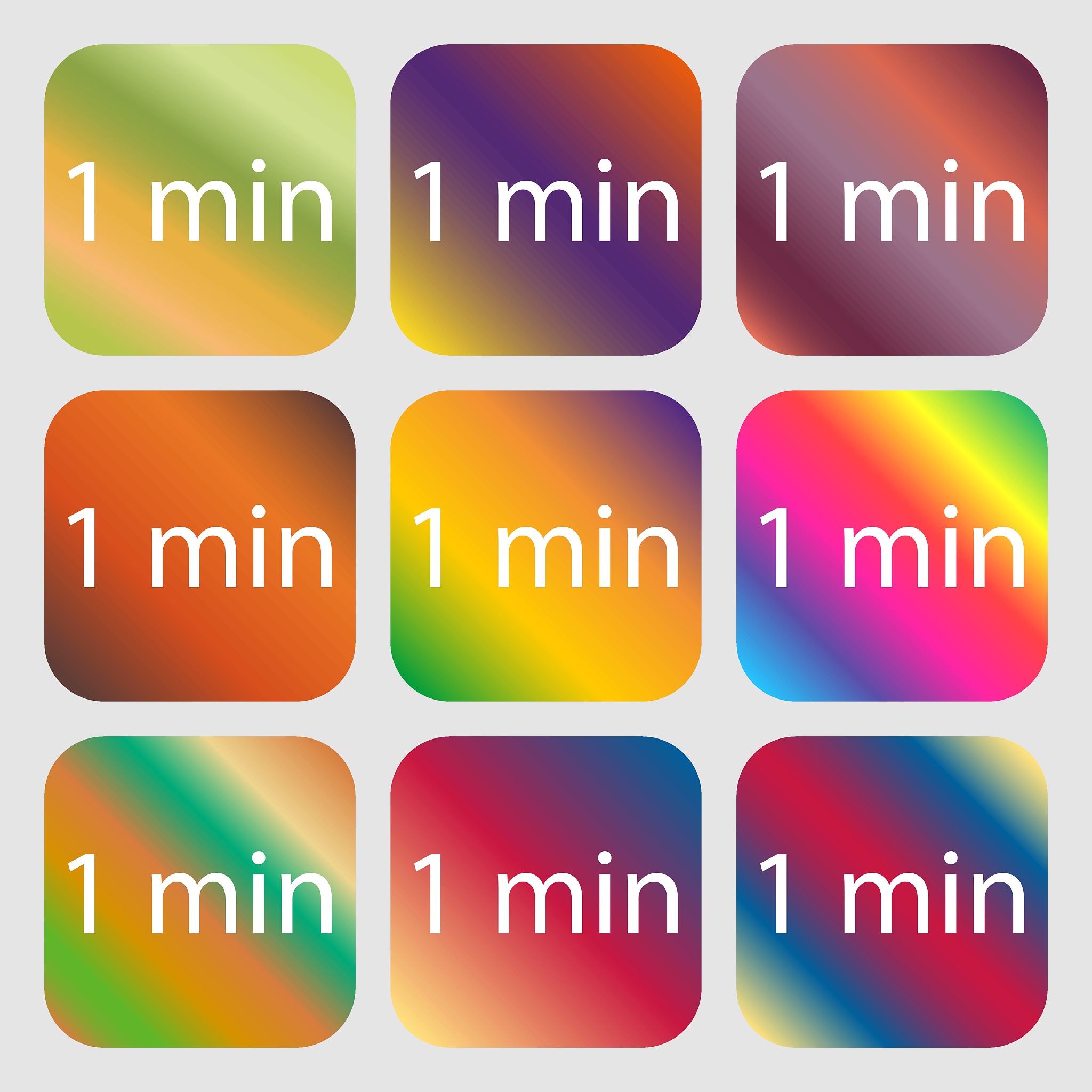 one minutes sign icon . nine buttons with bright gradients for b