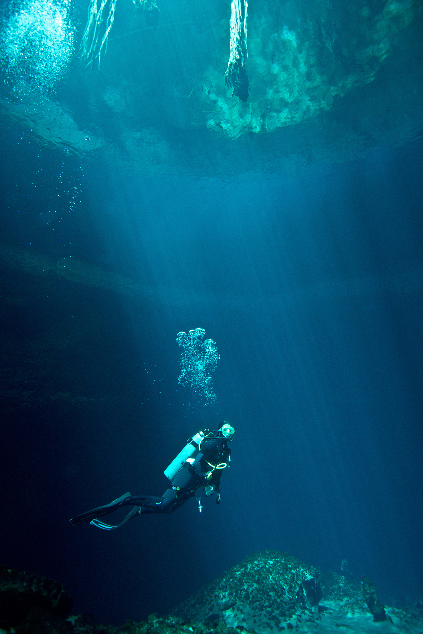 diver diving in a cenote