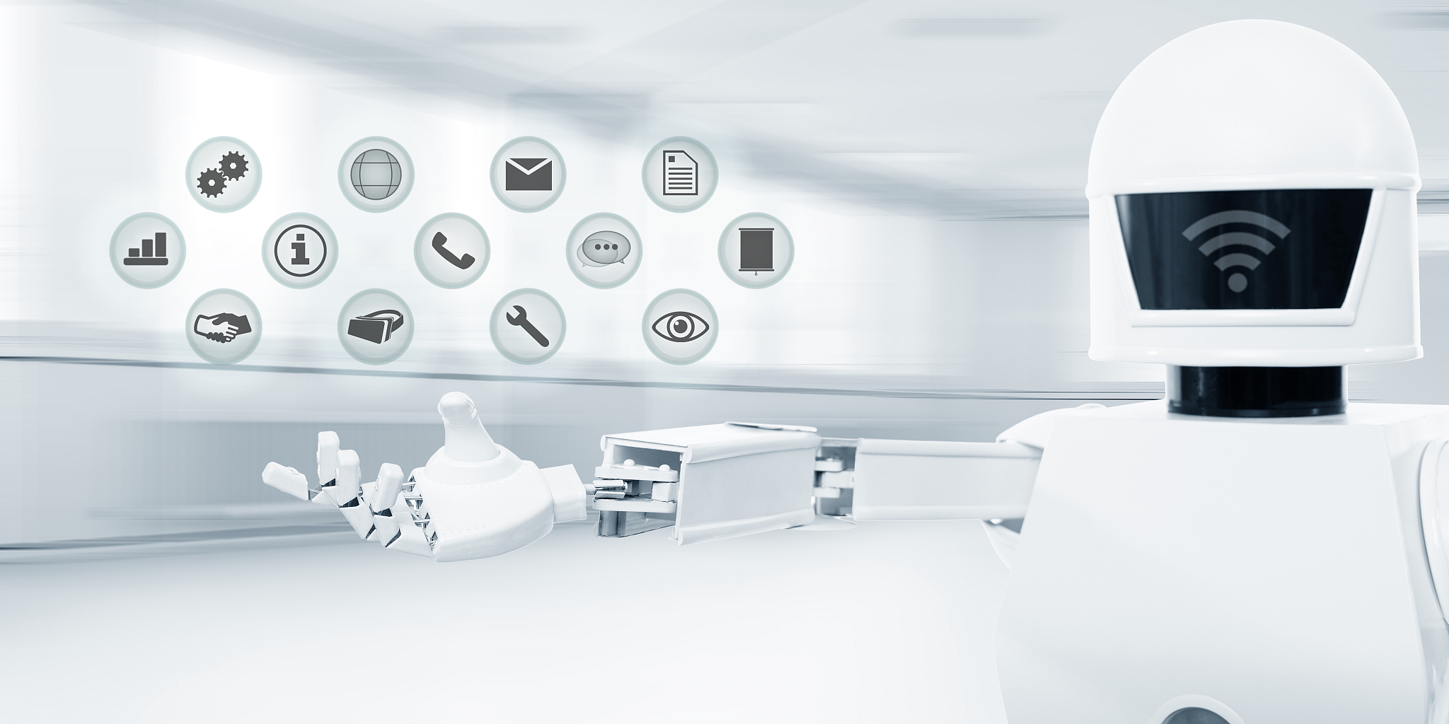 white futuristic service robot in front of an business office, p