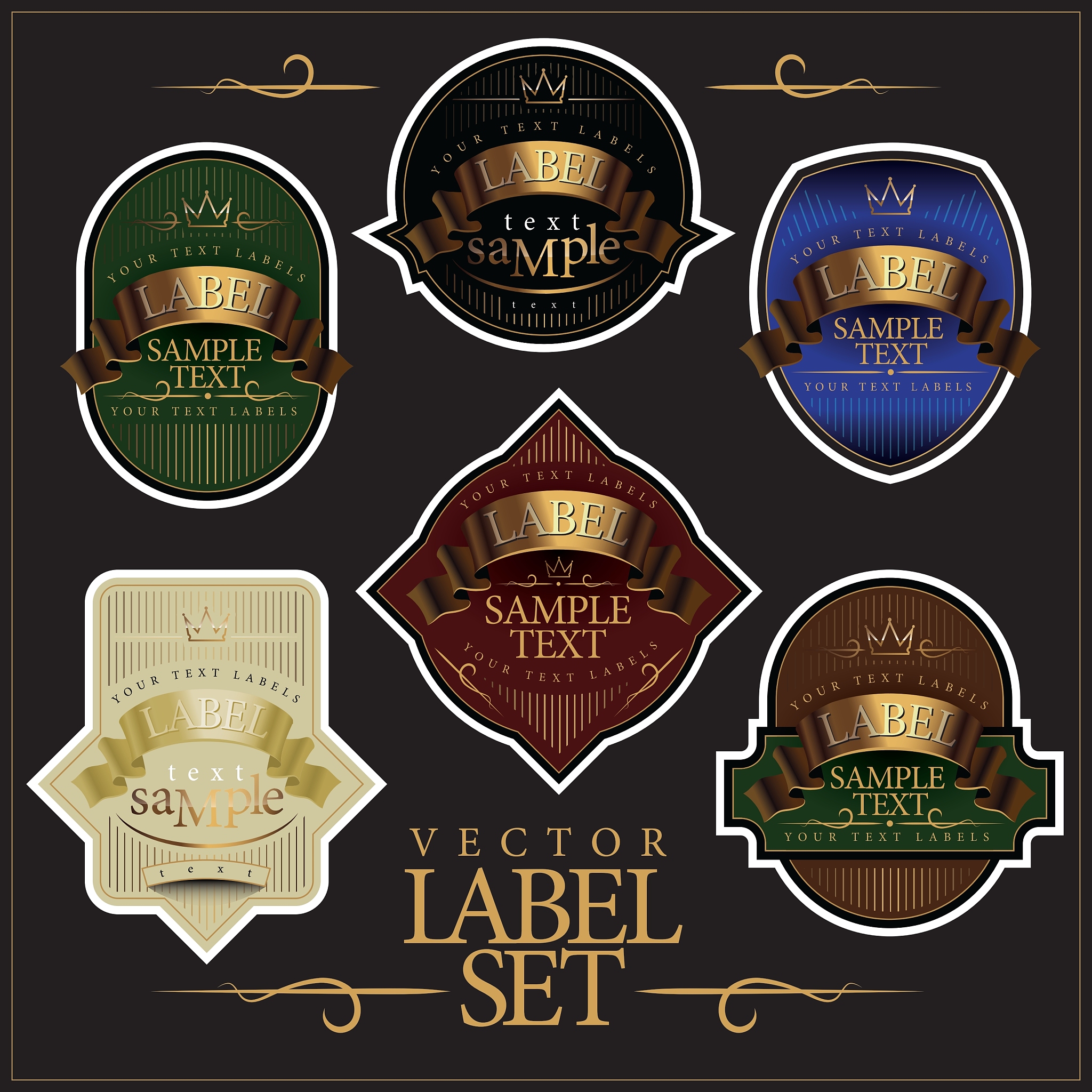 detailed ornate various color label set