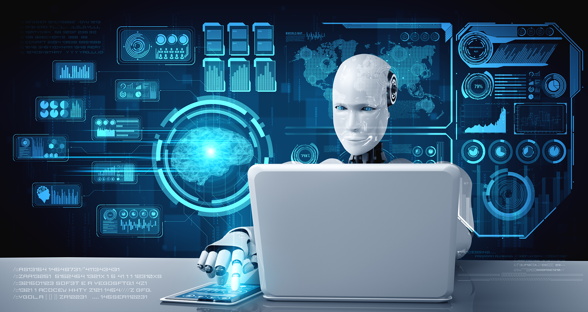 robot humanoid use laptop and sit at table for big data analytic