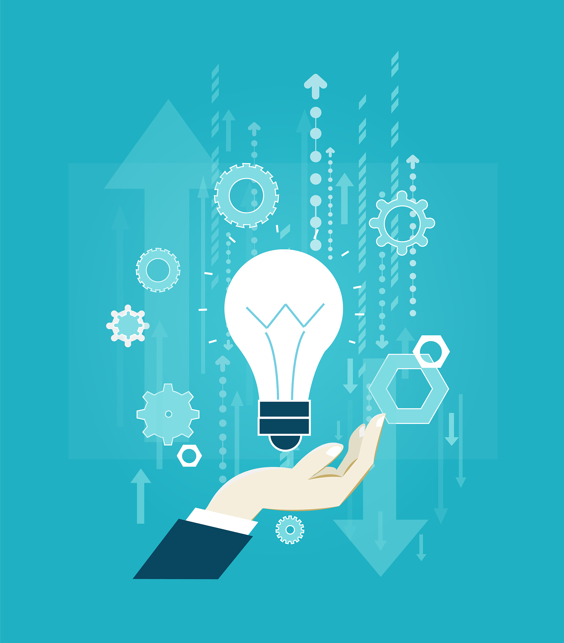 business man holding the light bulb, surrounded by communication