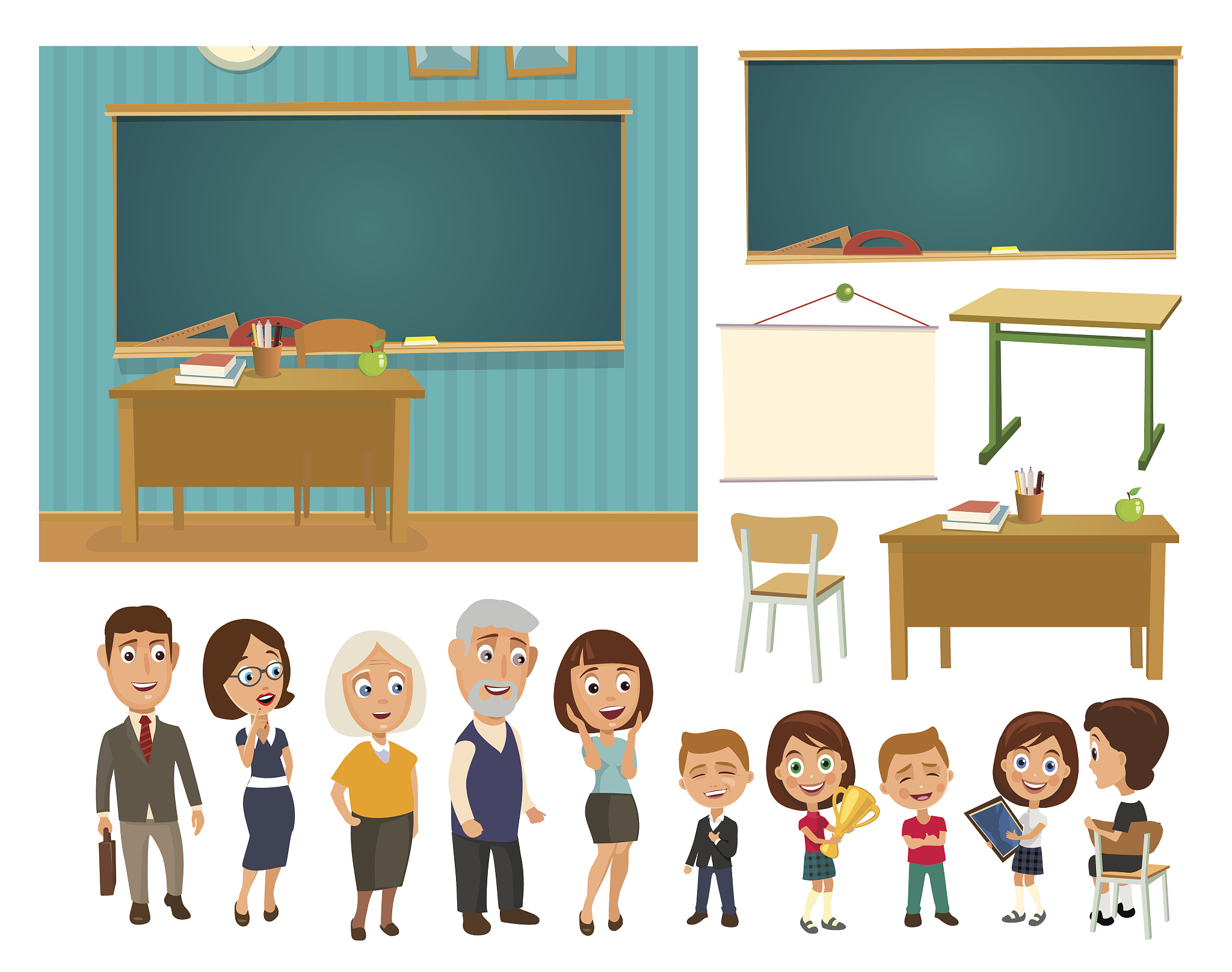 interior of classroom with desk and blackboard.