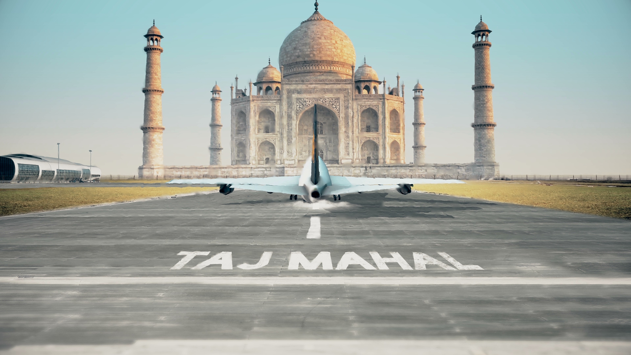 3d rendering commercial airplane landing india agra taj mahal