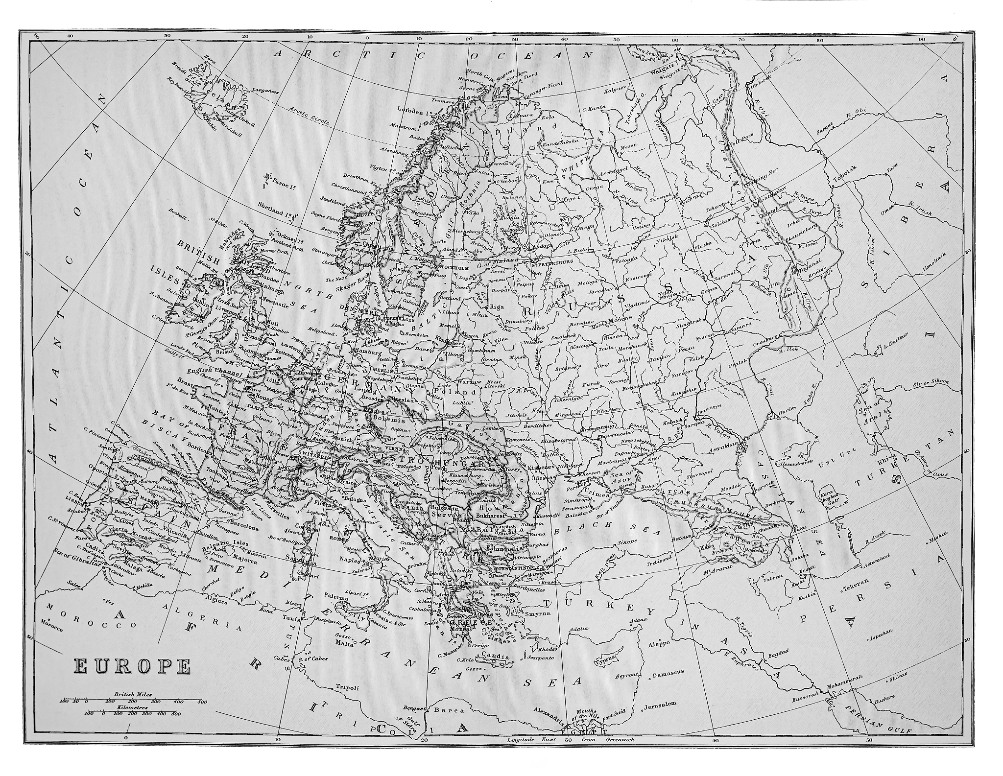 old map of europe - published 1894. antique illustration, popula