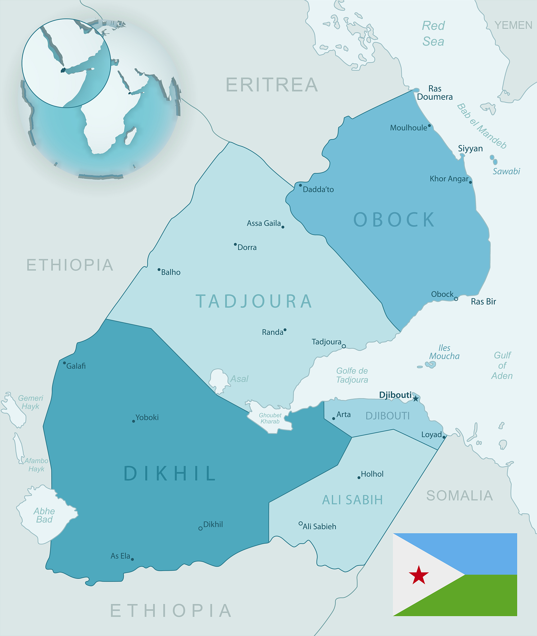 blue-green detailed map of djibouti administrative divisions wit