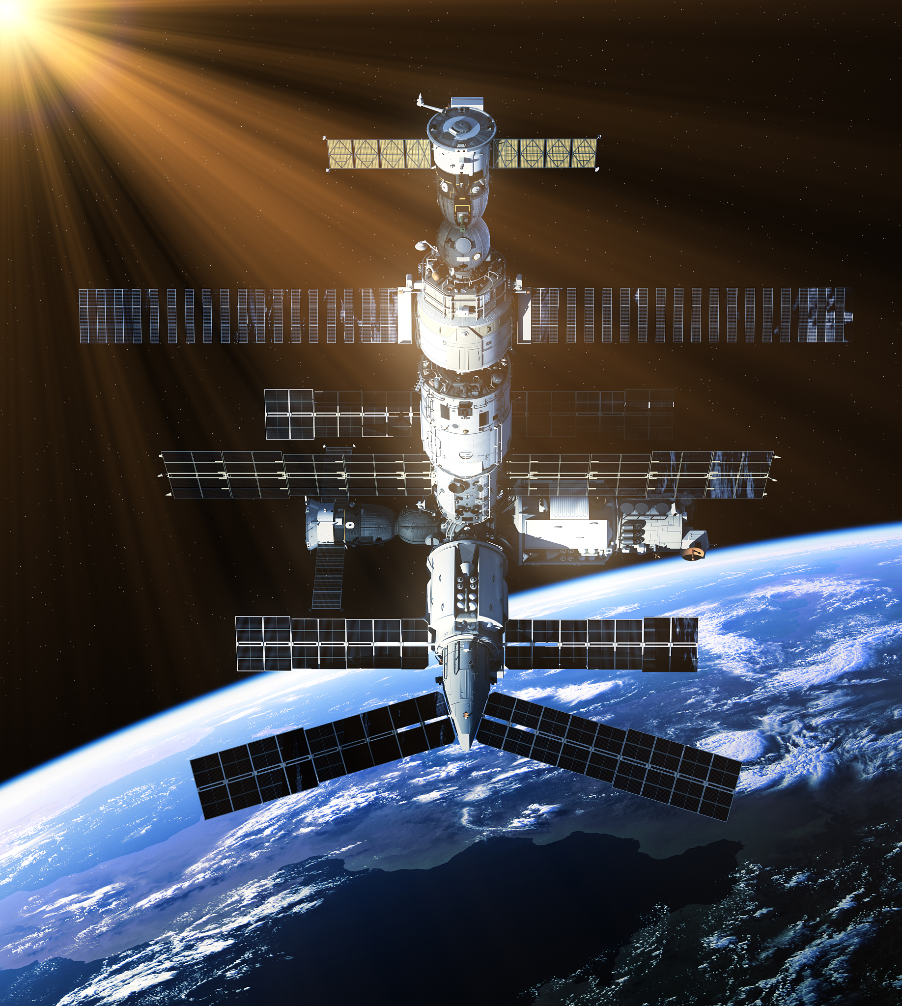 space station in the rays of sun