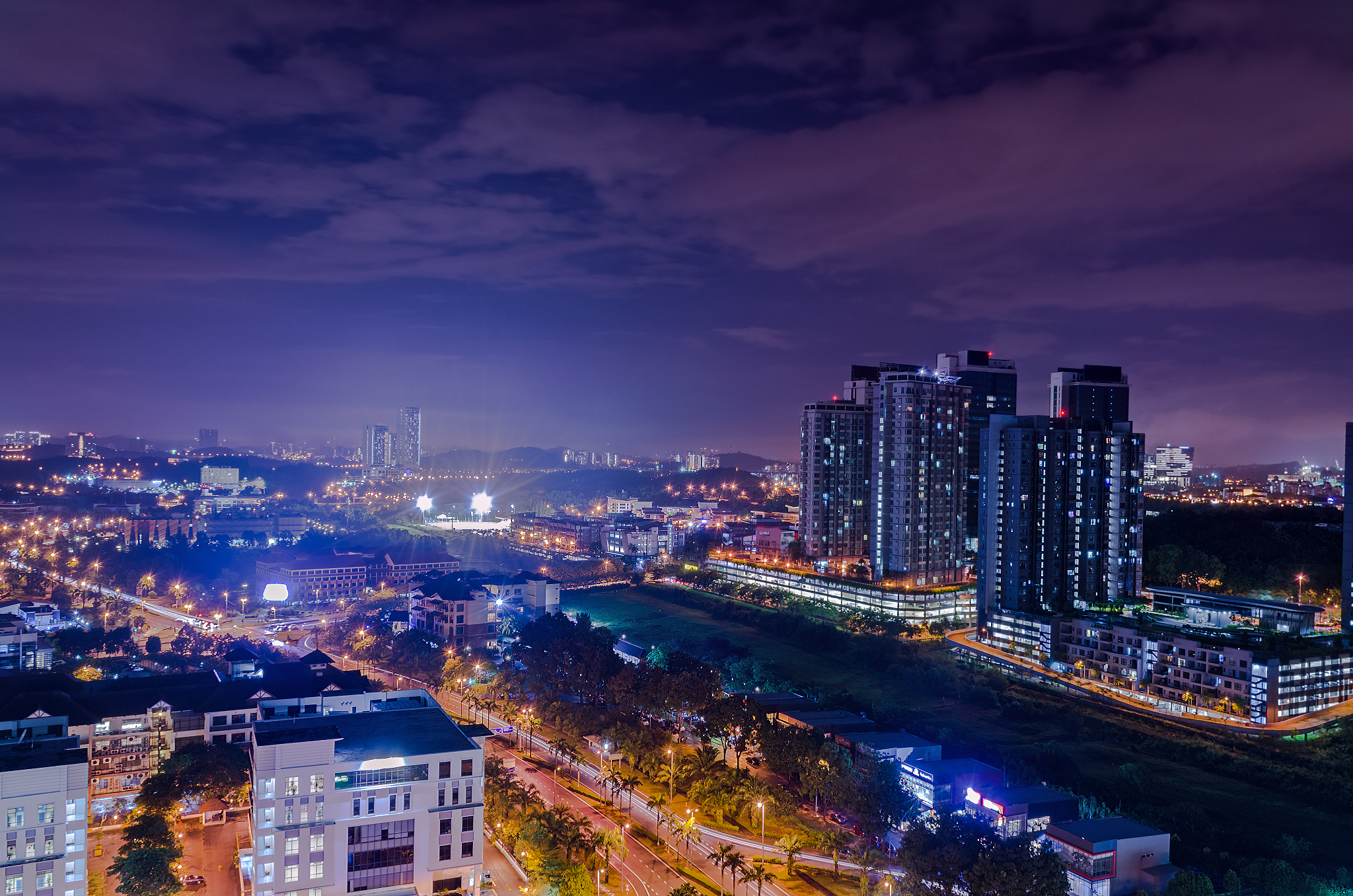 city skyline night, illuminated street, night hours, twilight ur