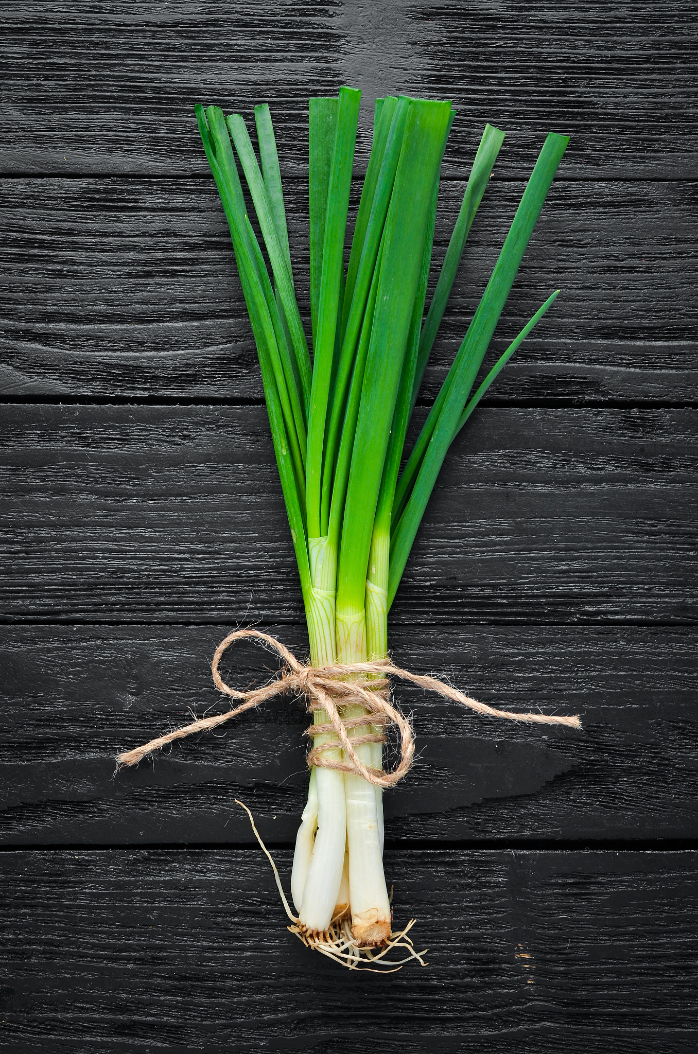 fresh green onion on a wooden background. top view. free space f