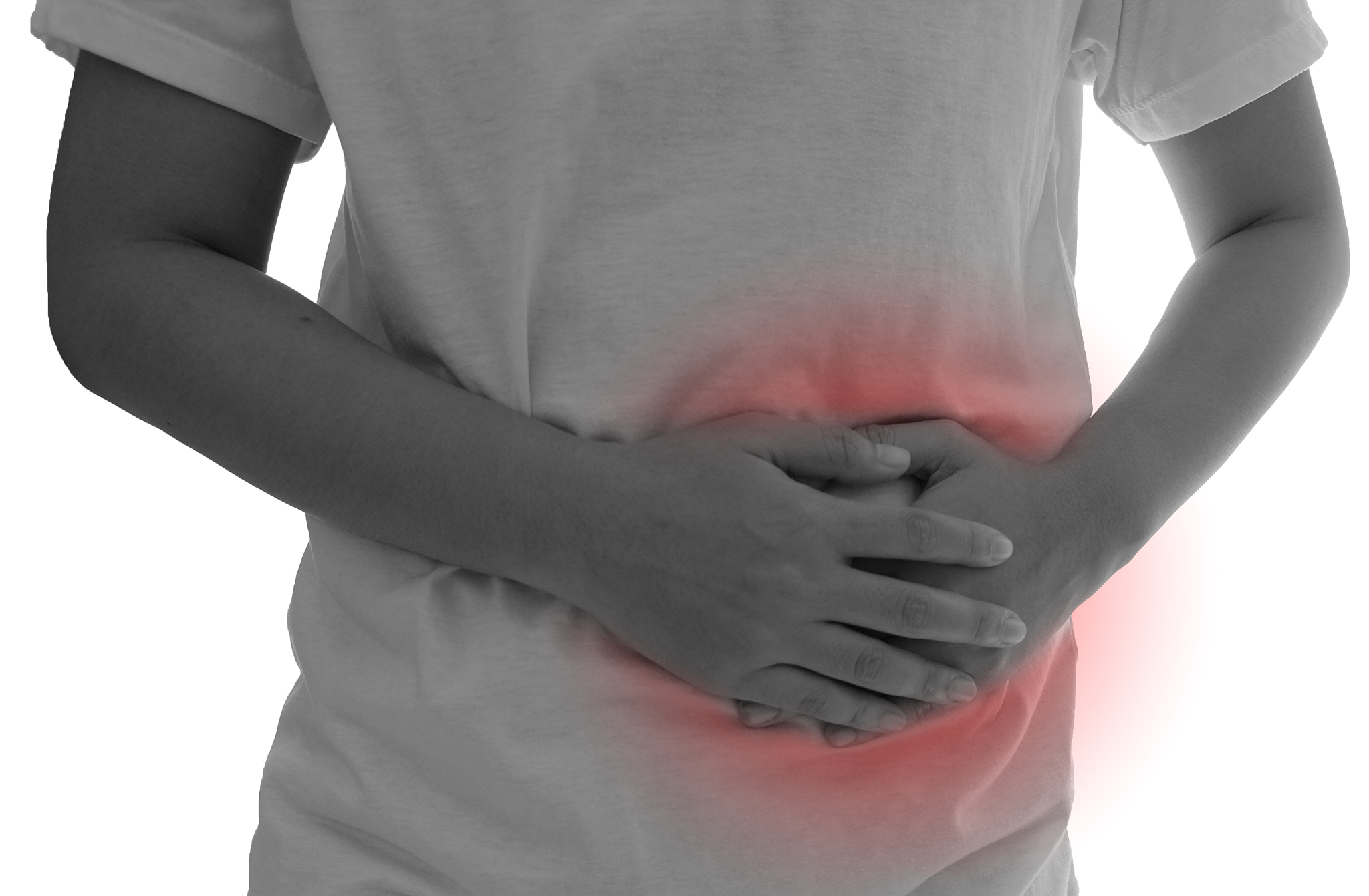 man suffering from abdominal pain on white background