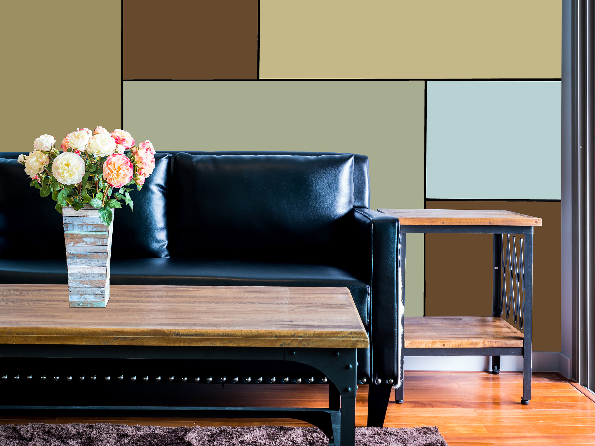 interior design of  modern living room with black couch