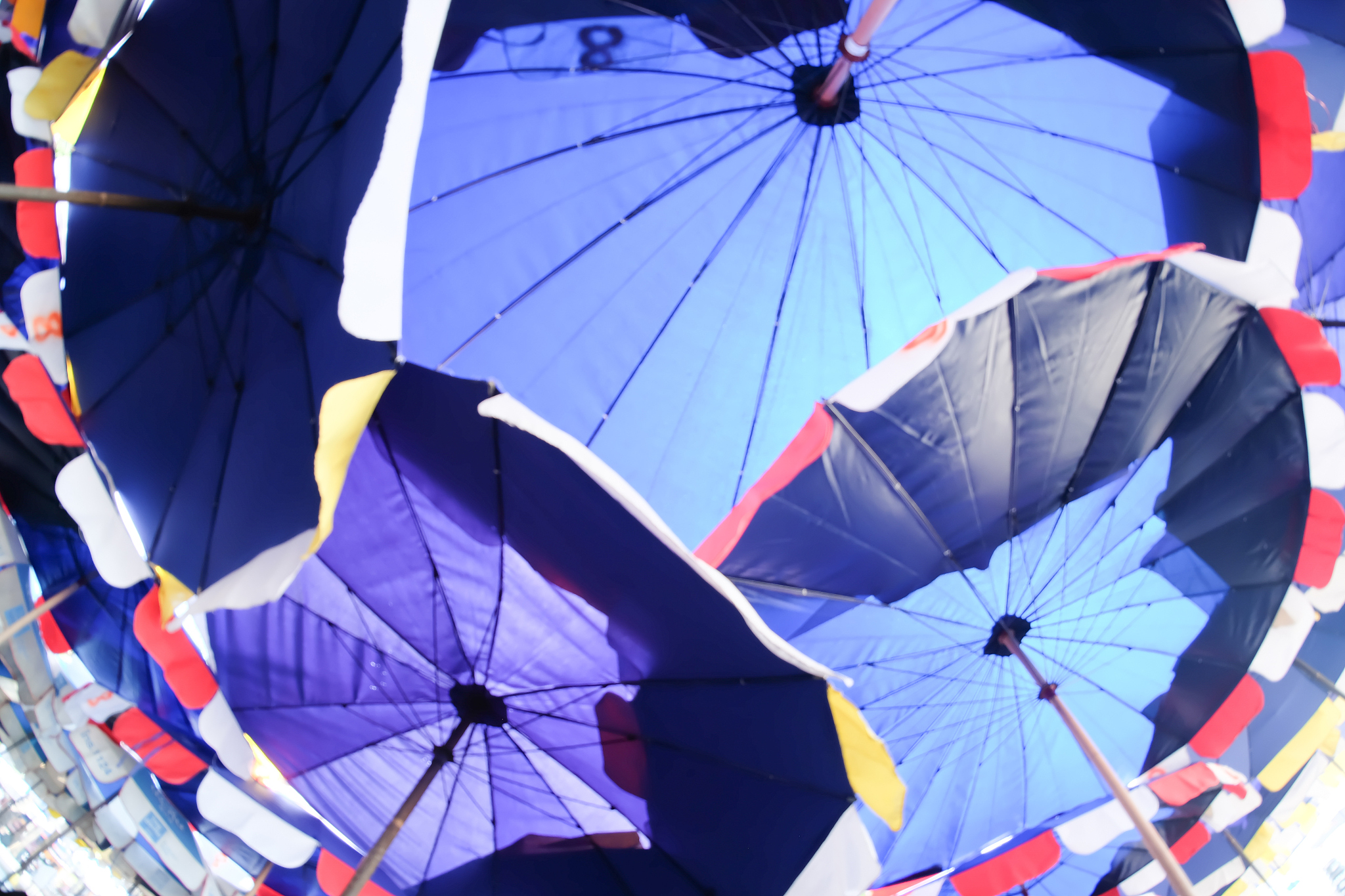bottom view of beach umbrella at bangsan beach chonburi thailand