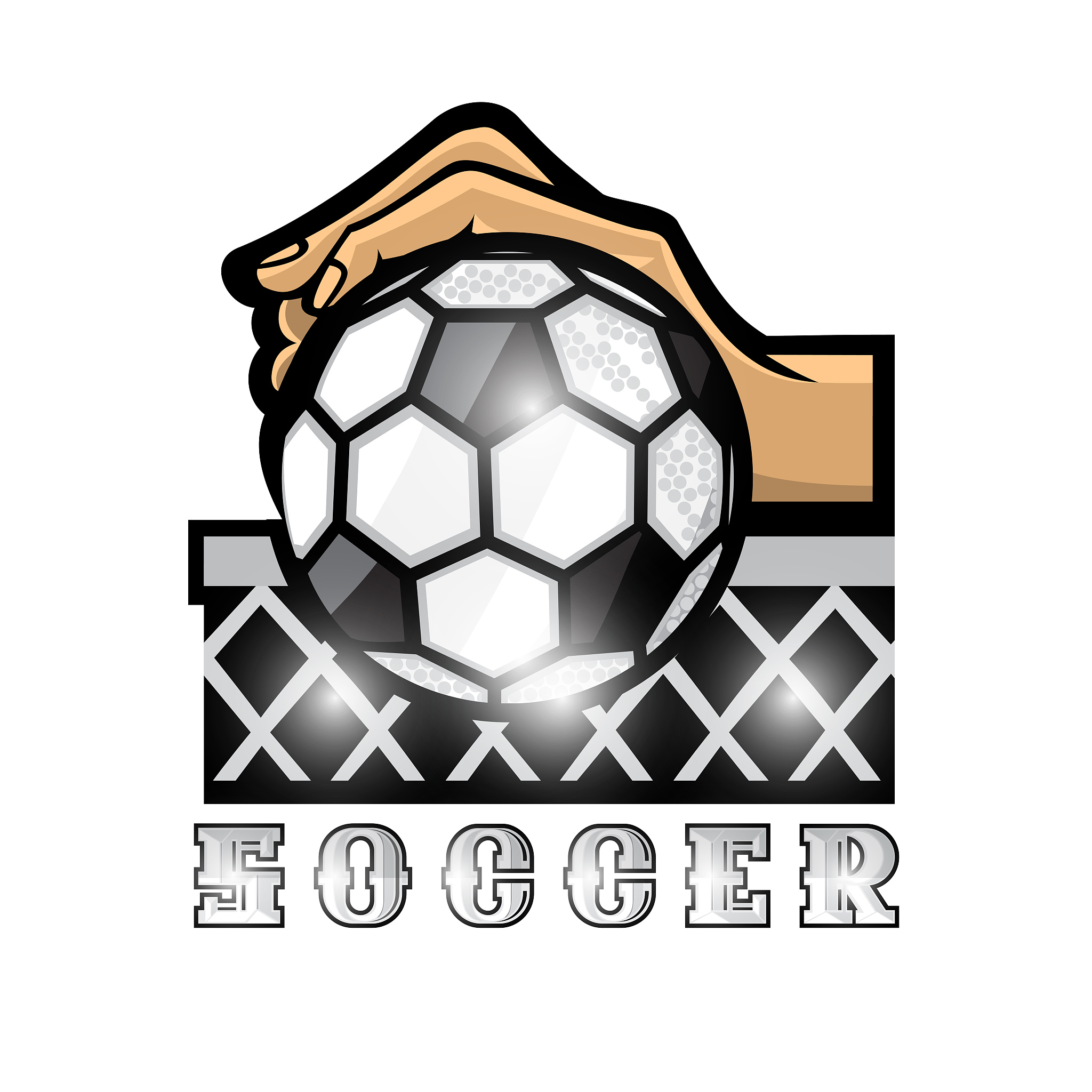 hand hold ball in center of football goal net with text soccer. 