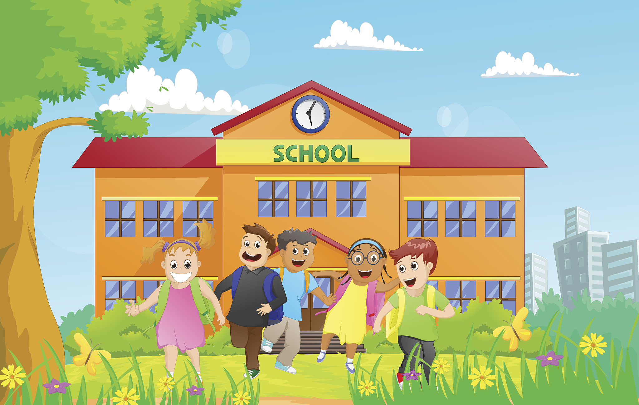 group of elementary school kids leaving school
