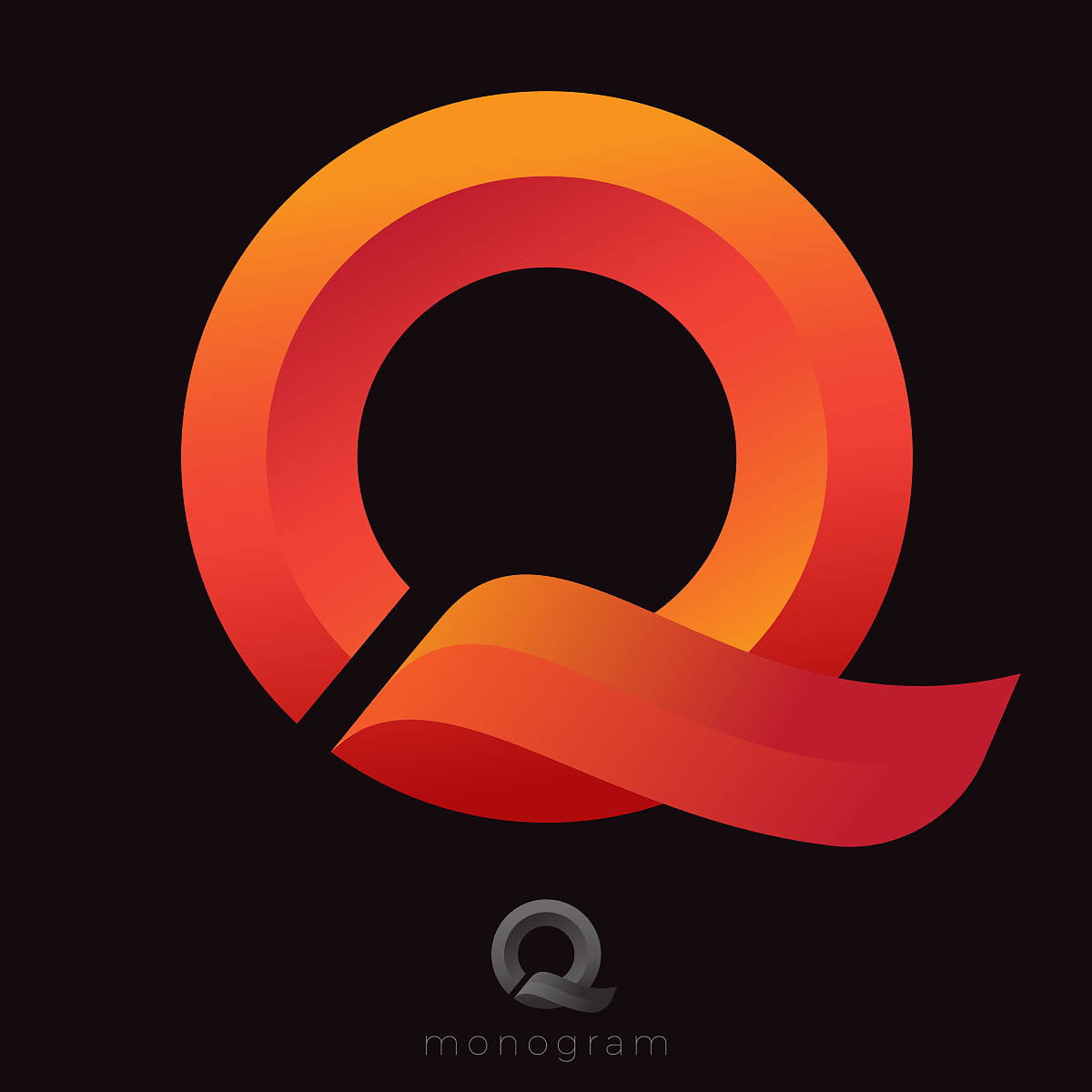 q字母组合.字母q就像黑色背景上的橙色缎带.