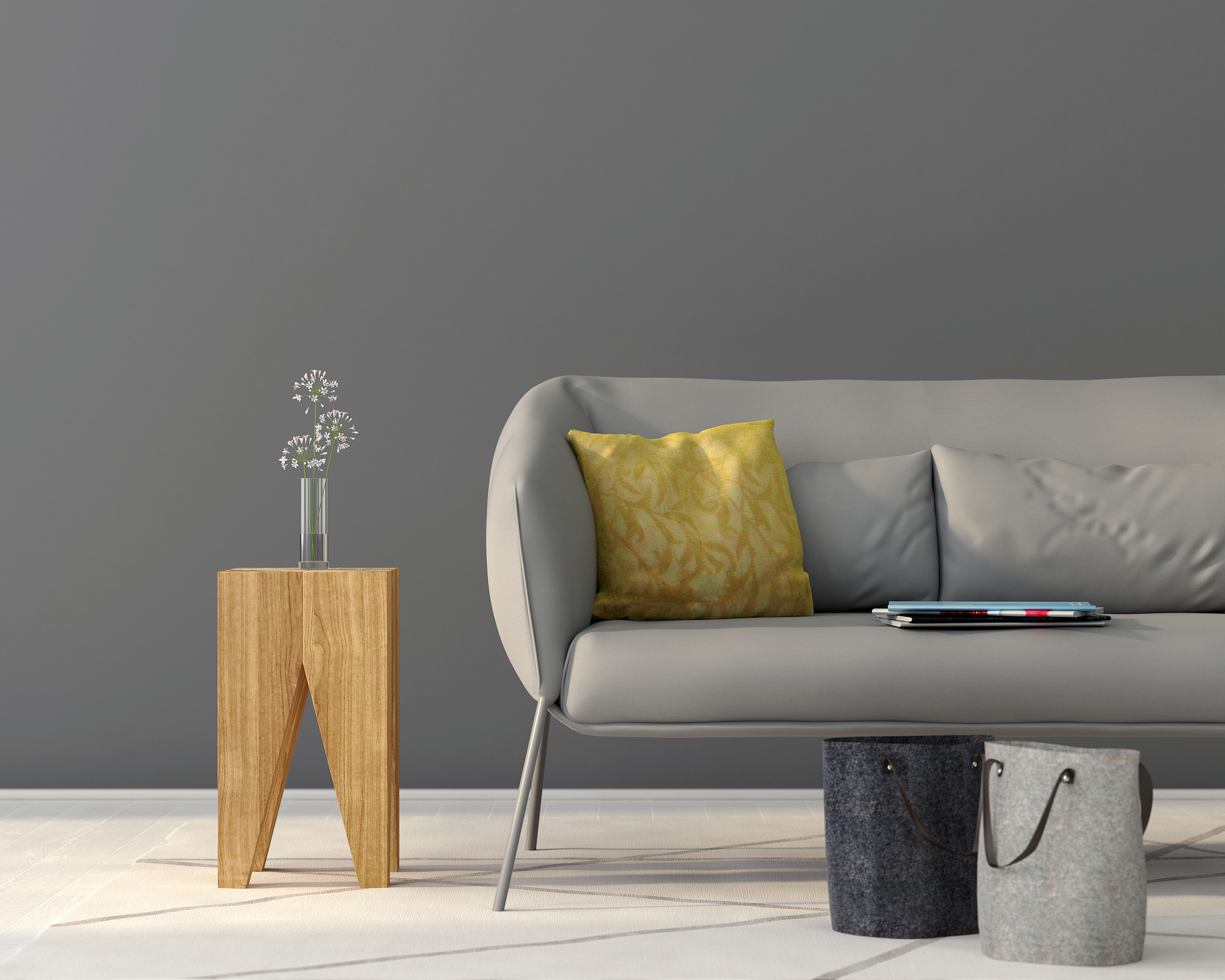 gray interior with a sofa