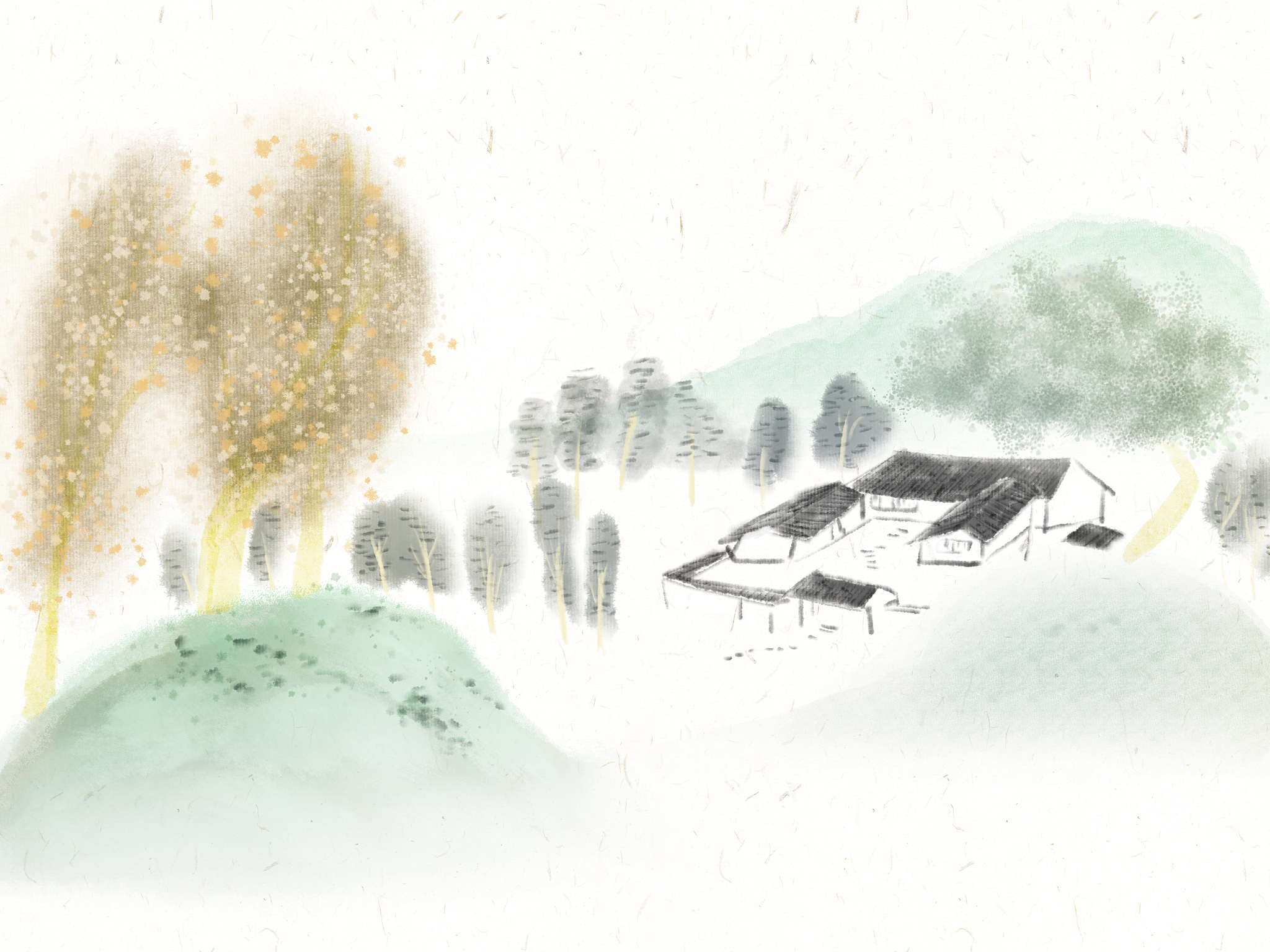 翻译muted chinese ink painting scroll muted colors rice paper texture splash paint Ninh Binh town boat small red sun fog Old cottage Lakeside Morning light Clouds wet to wet techniques perfect balance c