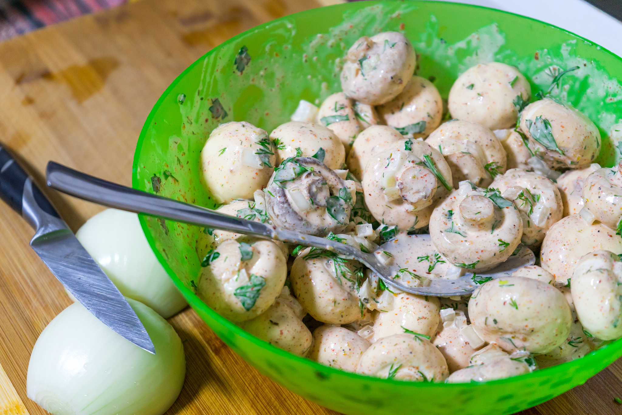 preparation of mushrooms for grilling. boning in the spices and 