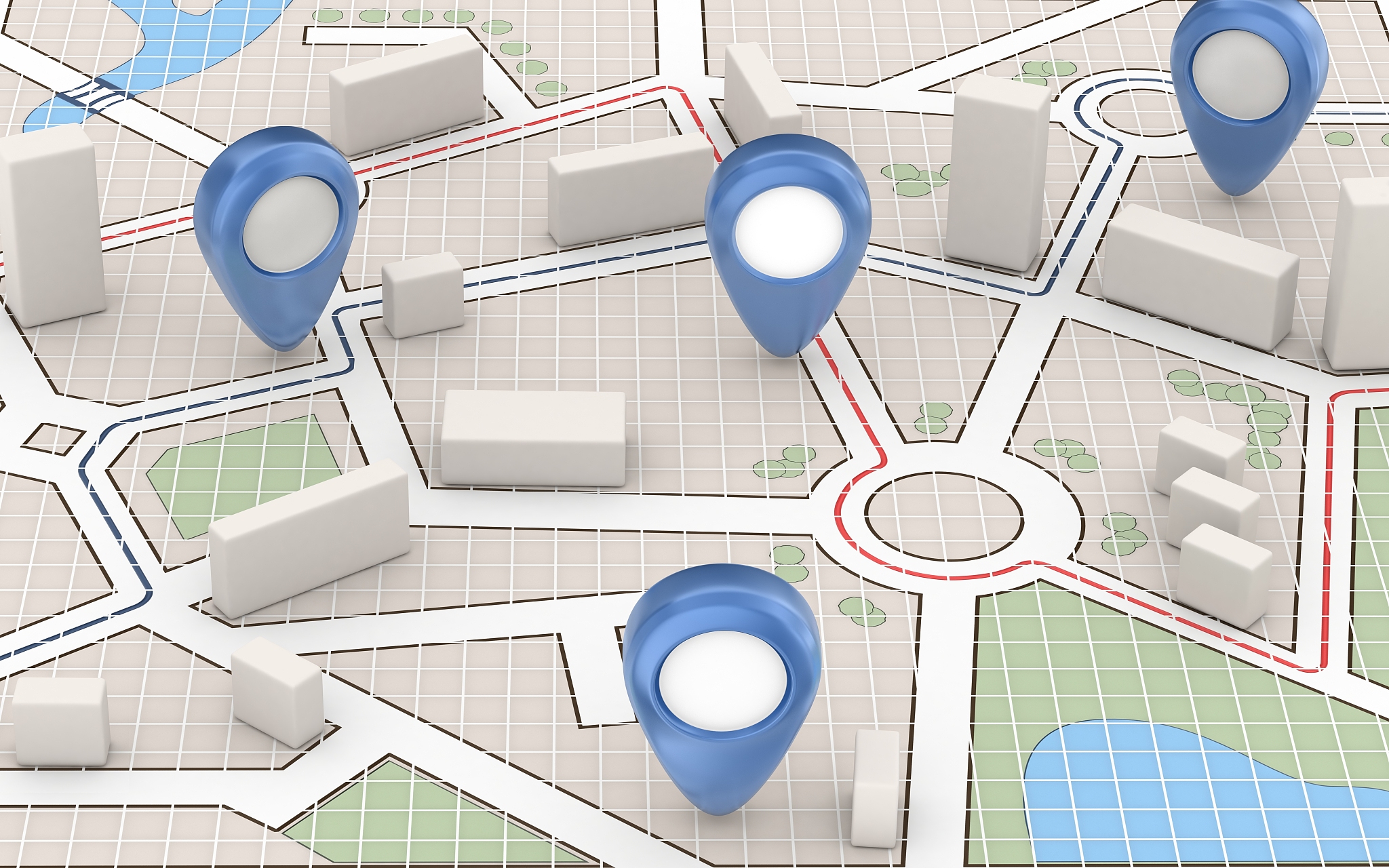 city map and blue pointers
