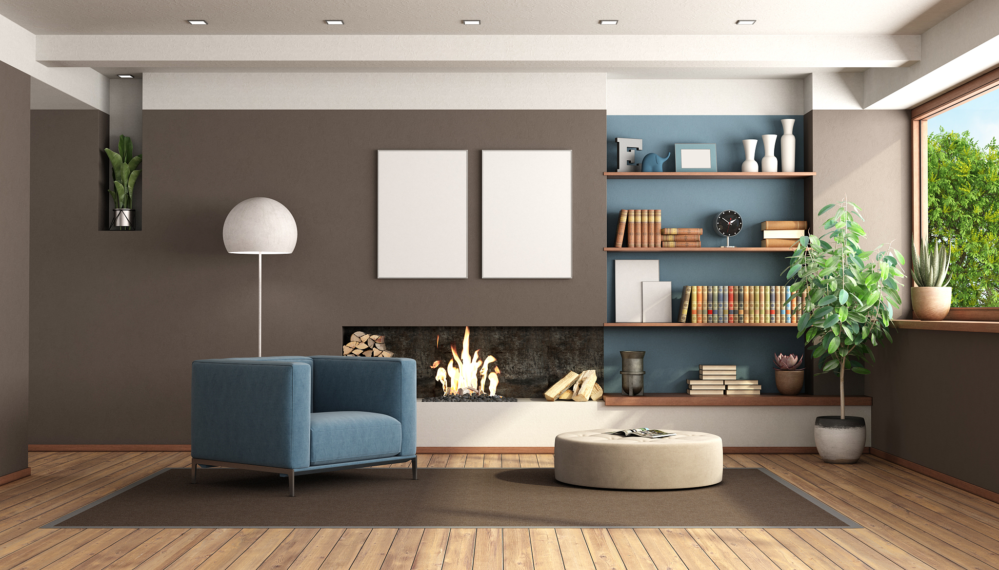modern living room with fireplace
