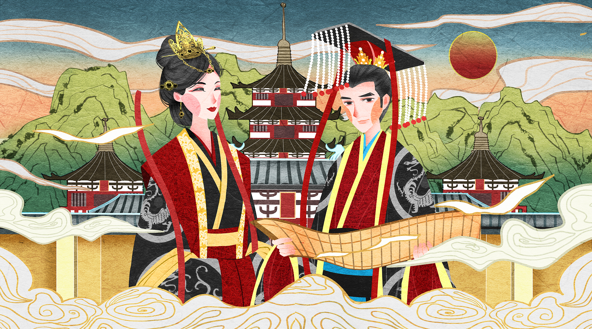 <strong>汉朝</strong>,插画,国潮风,皇后,衣服,美,竹简,龙袍,男性,女性