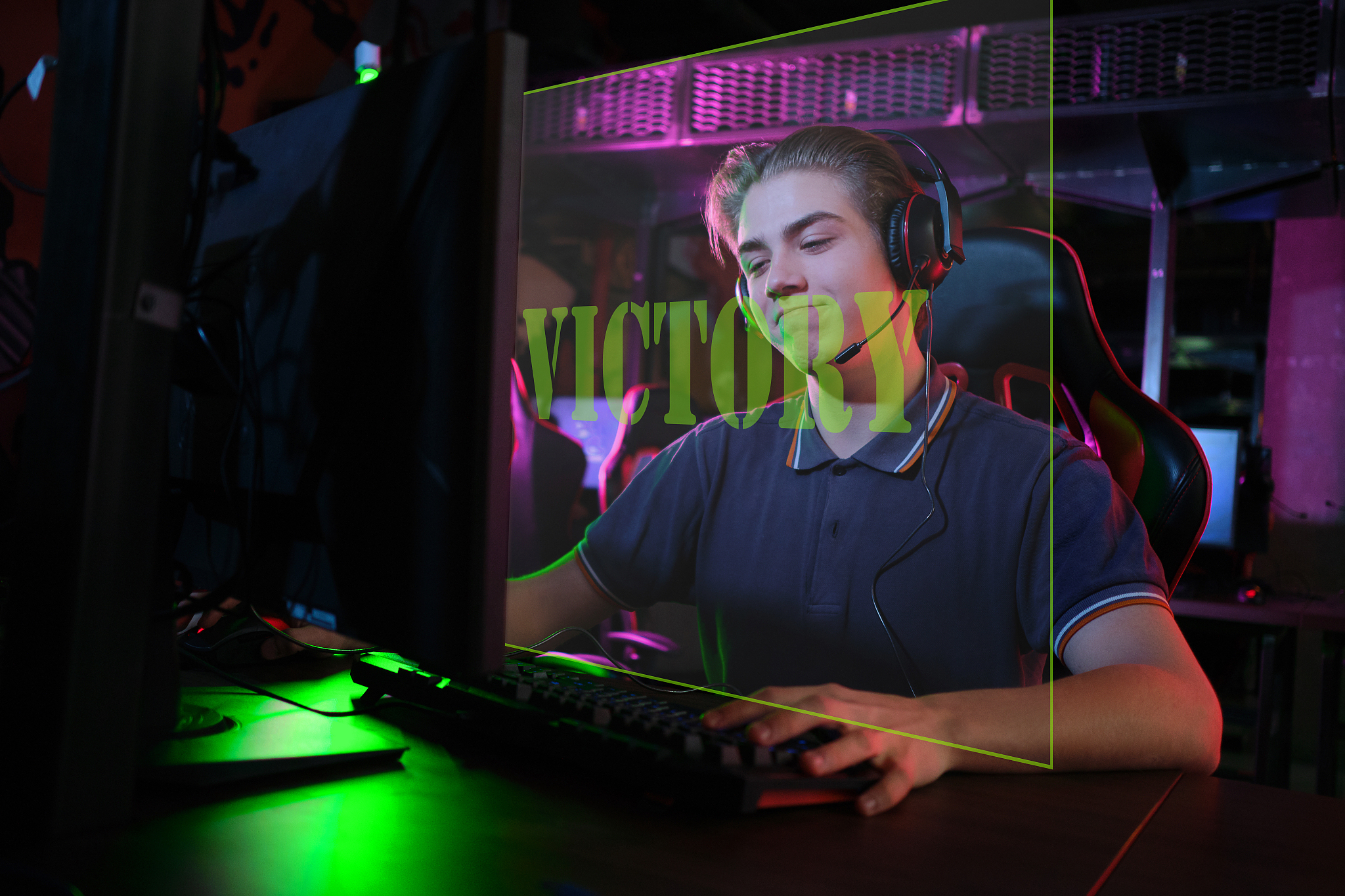 professional young caucasian gamer playing online on his pc. he 