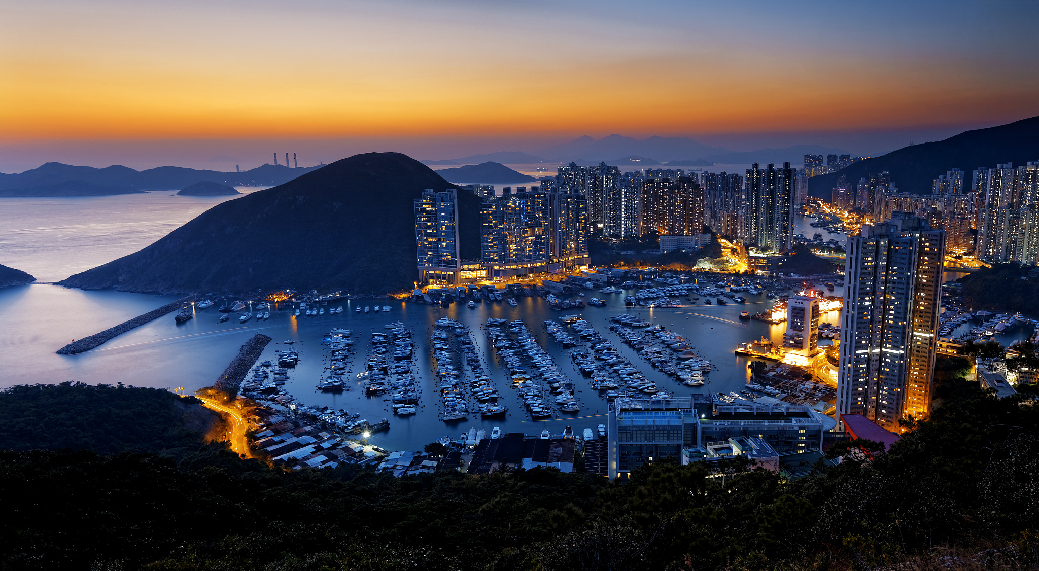 hong kong beautiful sunset , aberdeen typhoon shelters