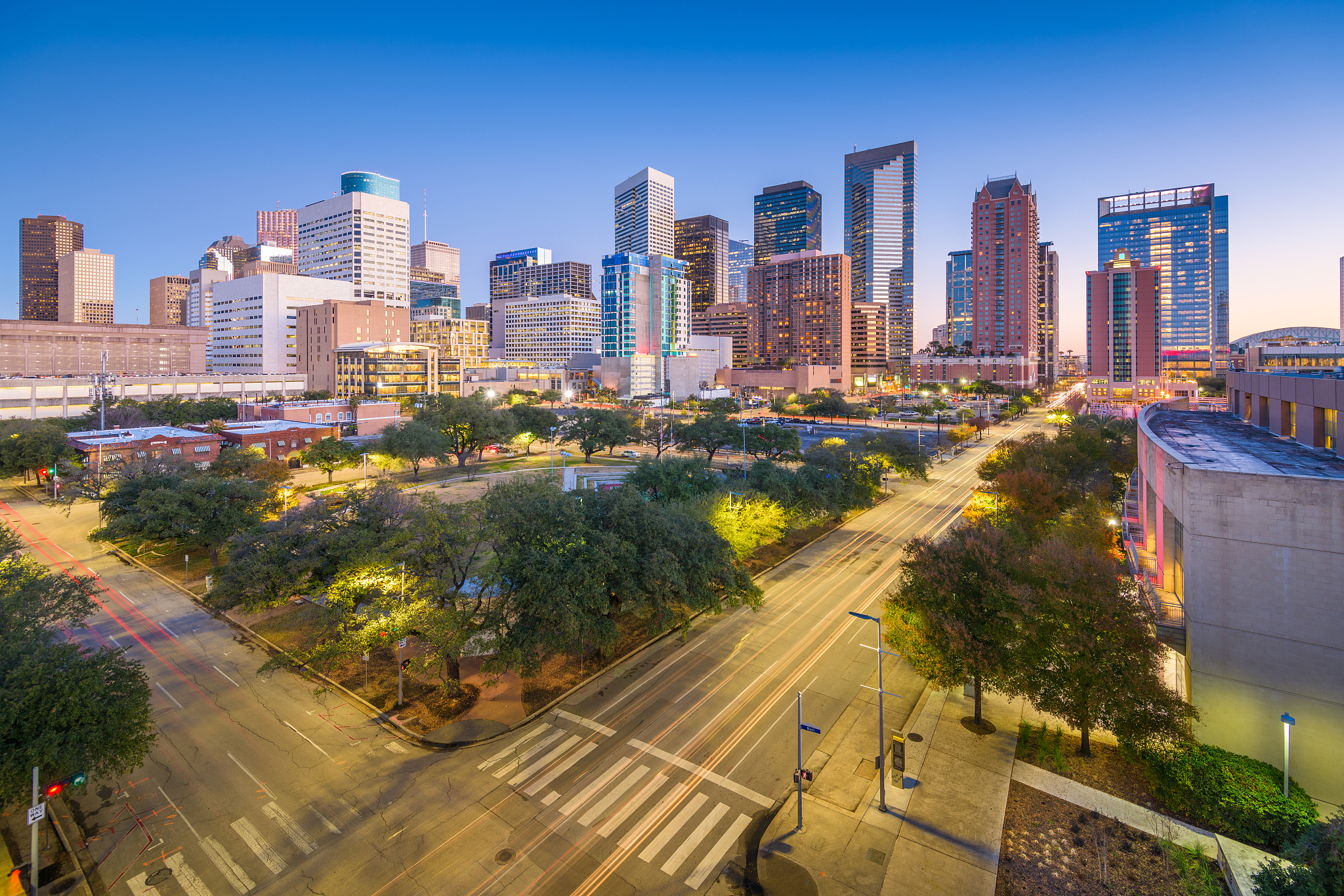 houston, texas, usa downtown park and skyline at twilight.