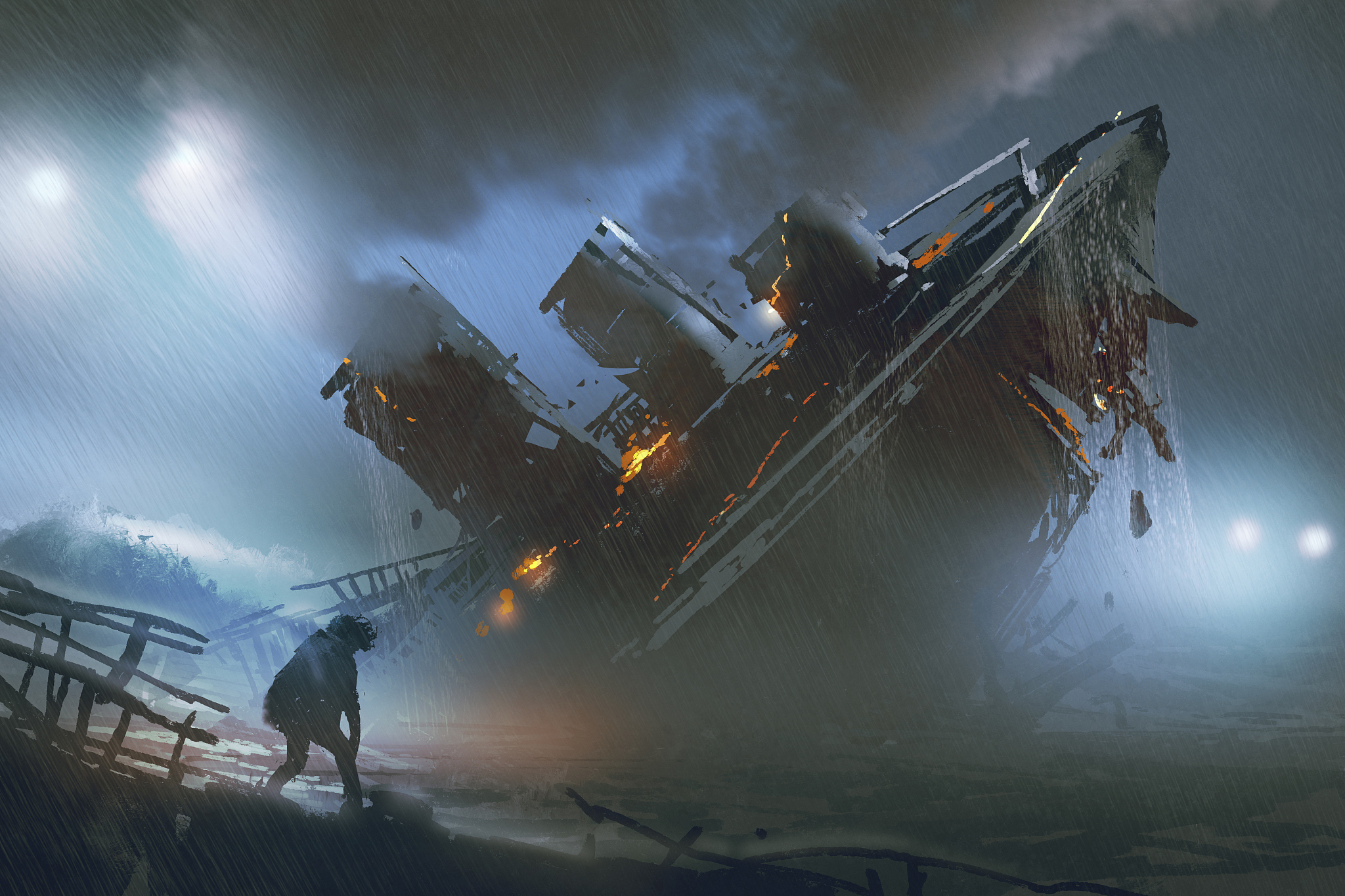 man escape a sinking ship in rainy night