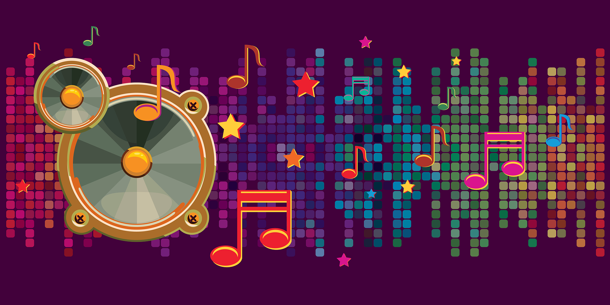 audio speaker and notes on colorful background