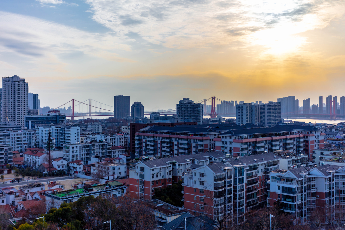 黄鹤楼俯瞰武汉的夕阳景色