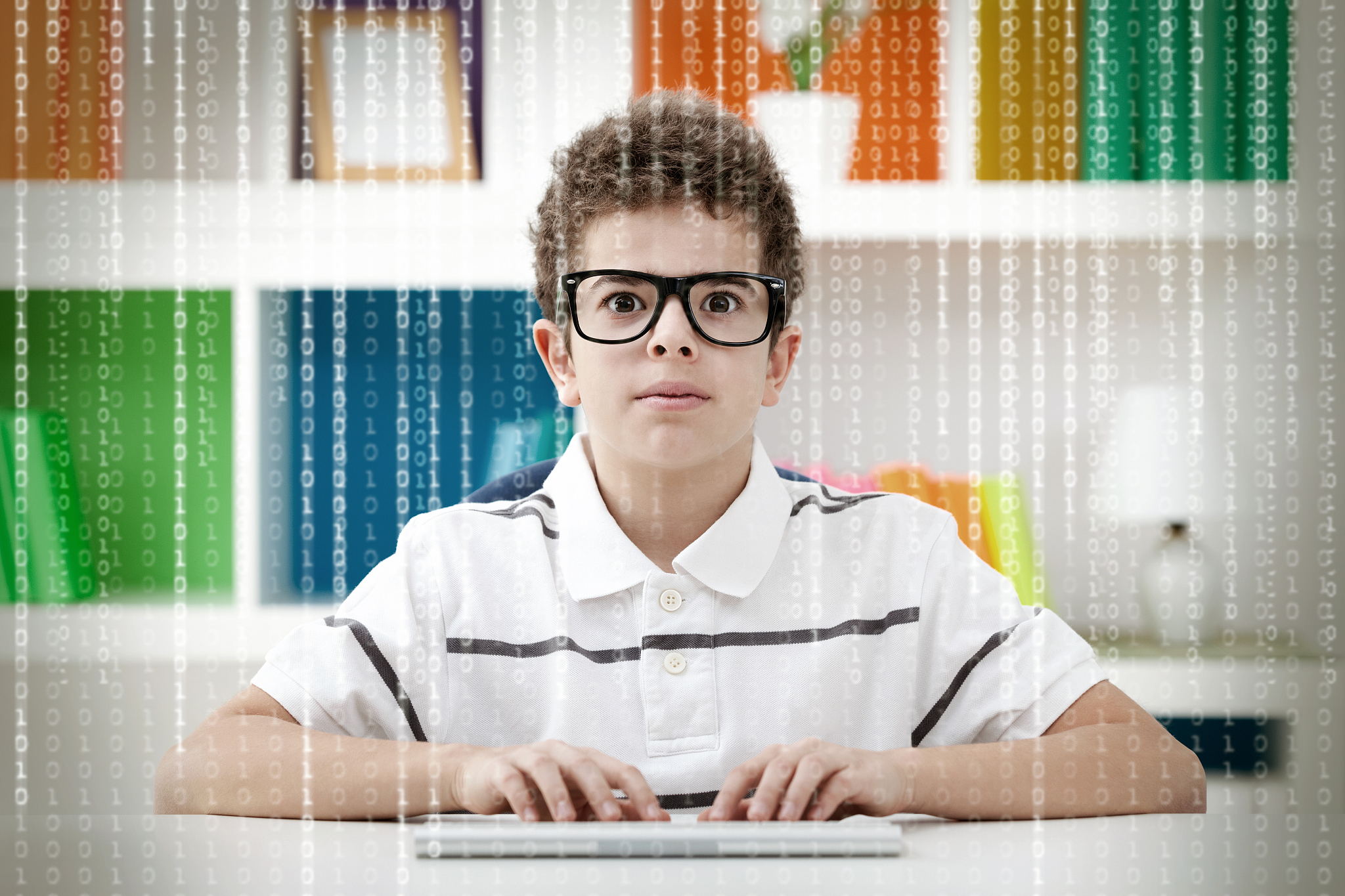 little hacker with binary code