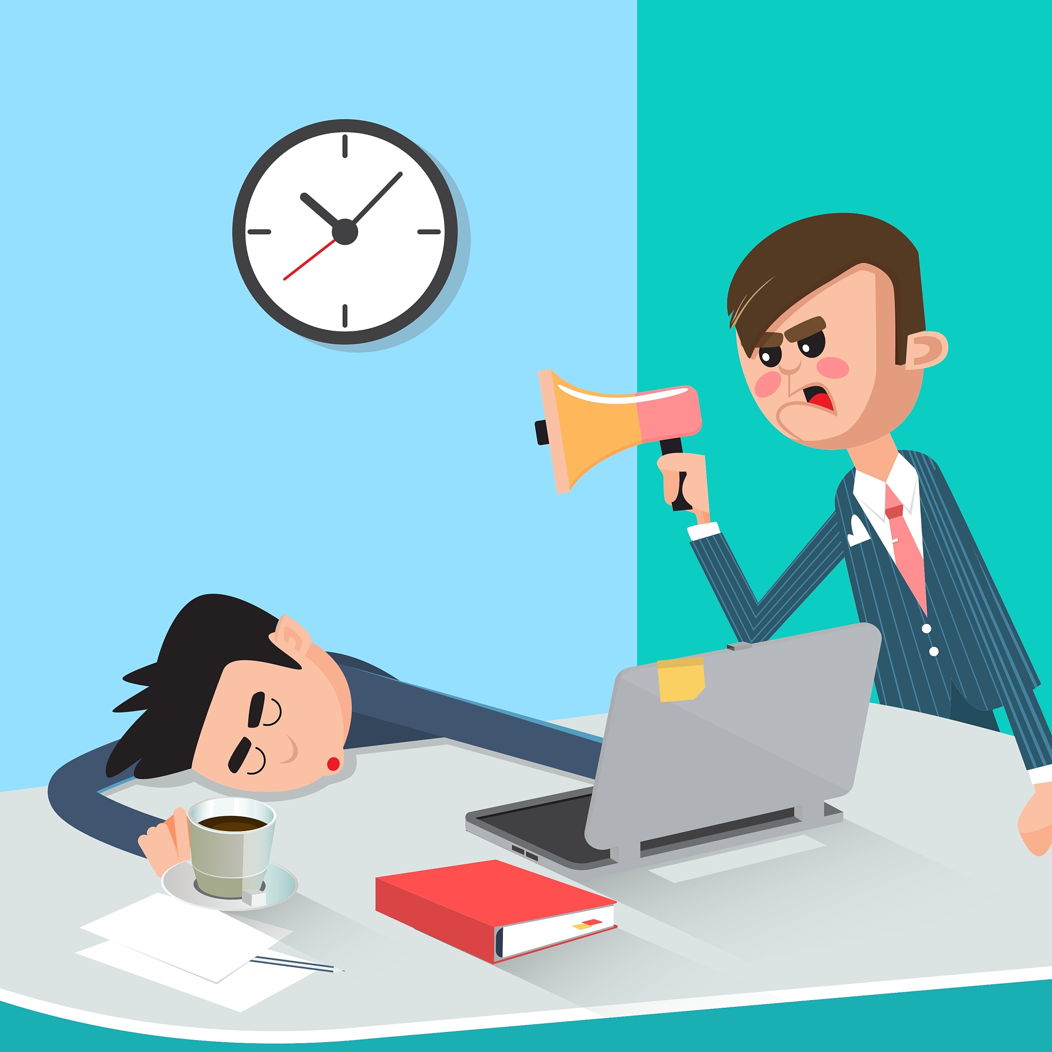 lazy businessman sleeping at work angry boss