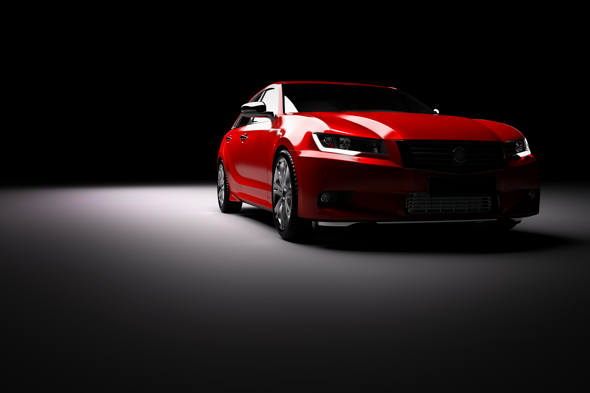 new red metallic sedan car in spotlight. modern desing, brandles