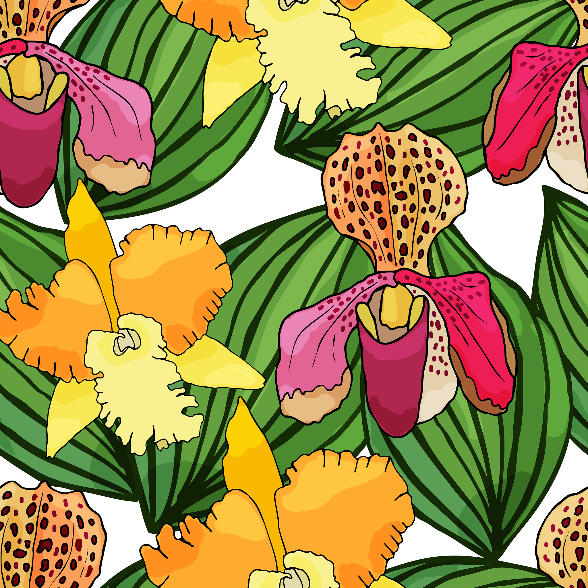 seamless pattern with orchids and floral elements.