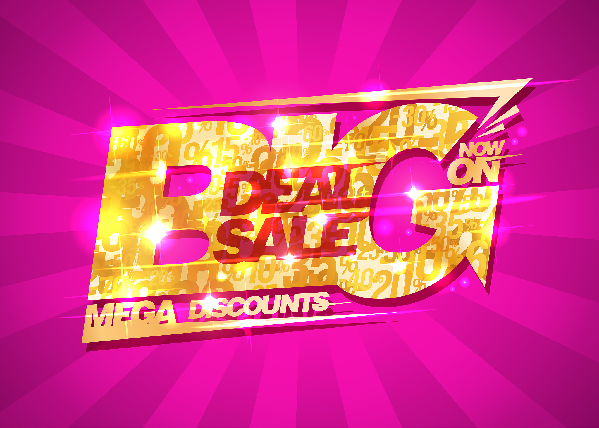 big deal sale vector poster, mega discounts banner with rays, vi