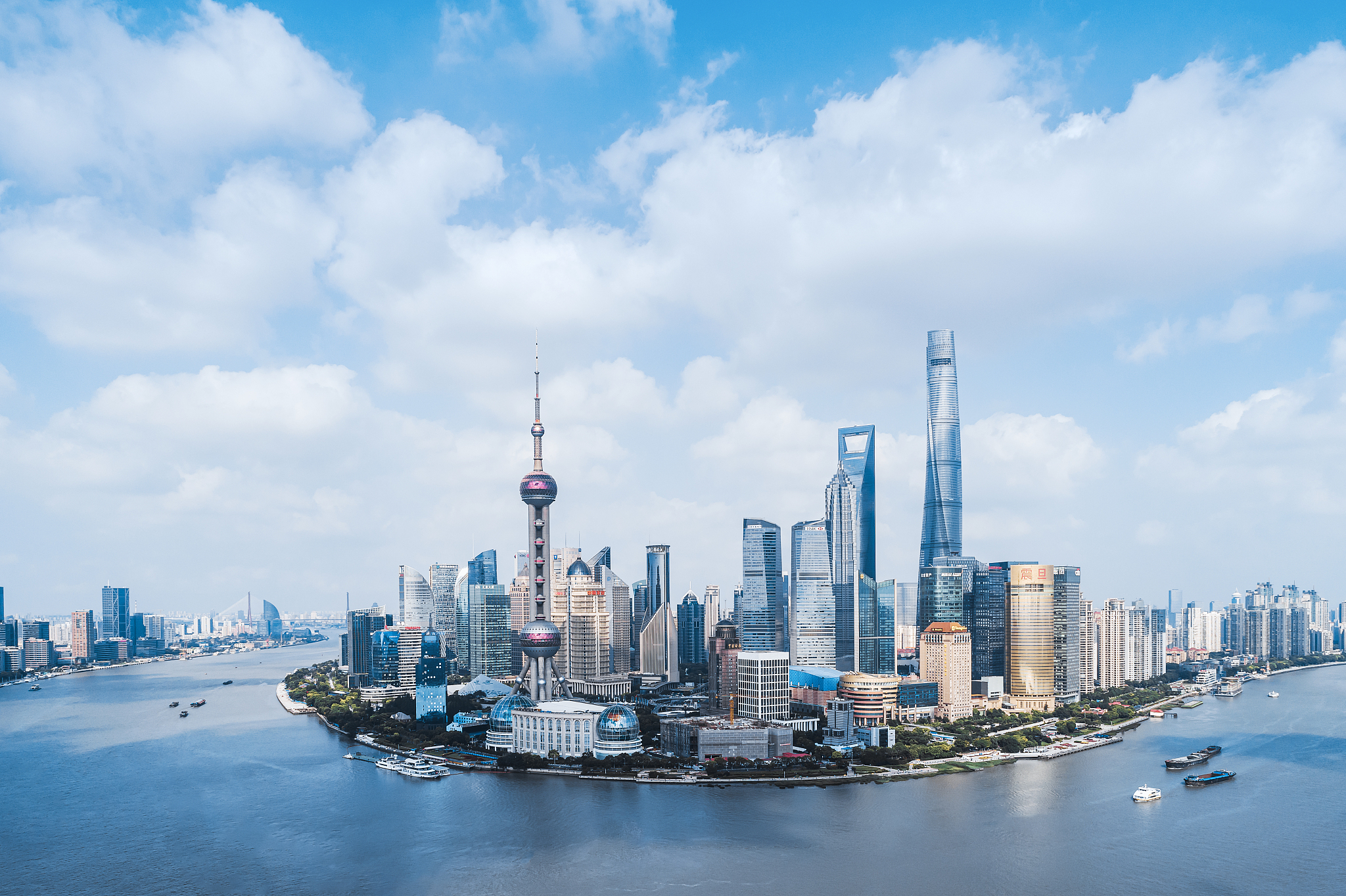 cityscape of shanghai in clear day with aerial view