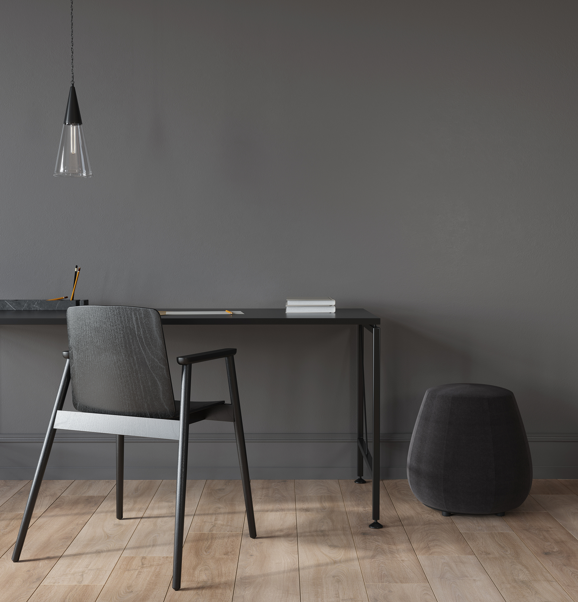 office interior  in dark gray with a stylish chandelier, metal t