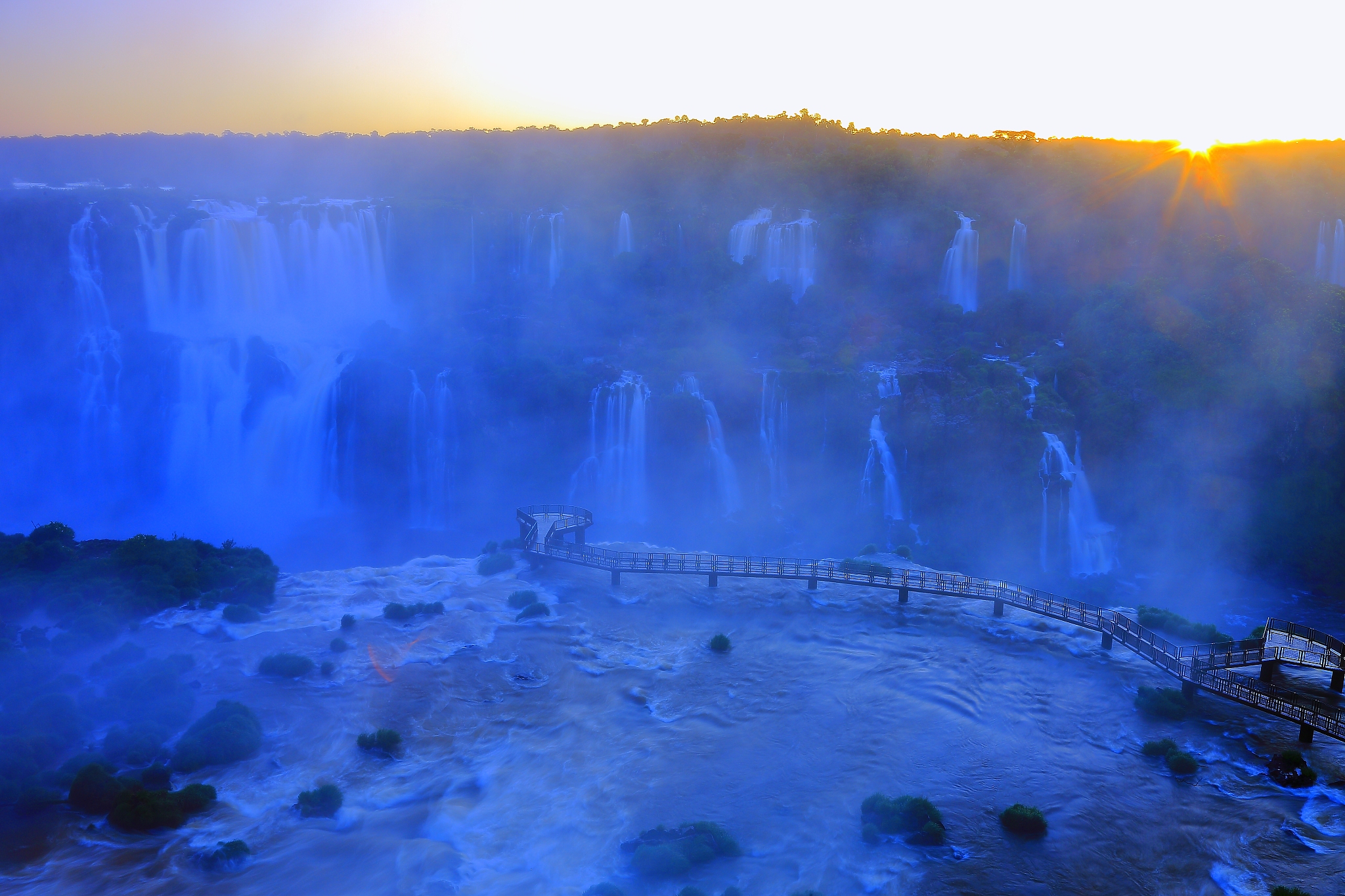 iguacu milky blurred falls sunset, brazil argentina footbridge, 