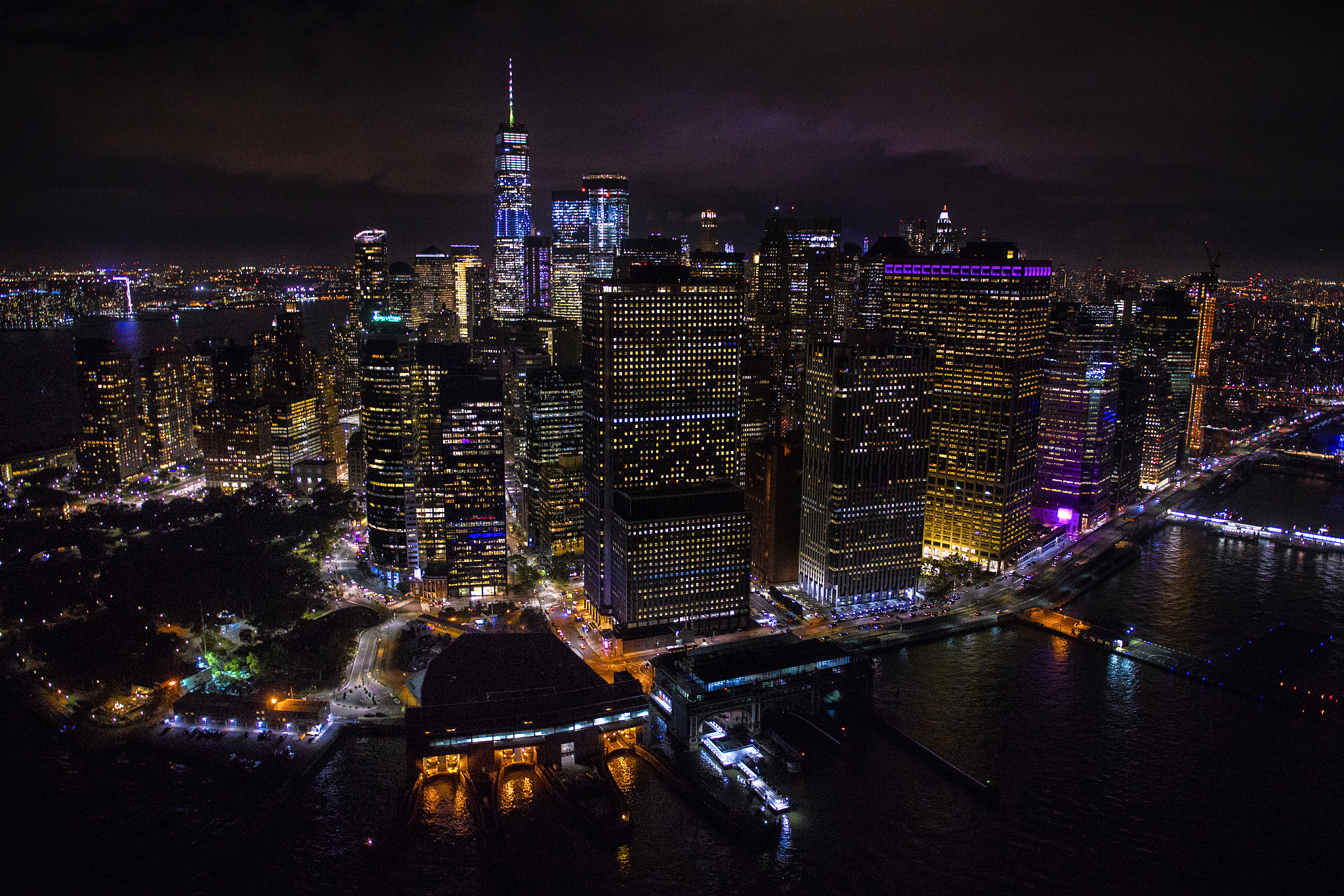 one world trade center in new york from helicopter at night