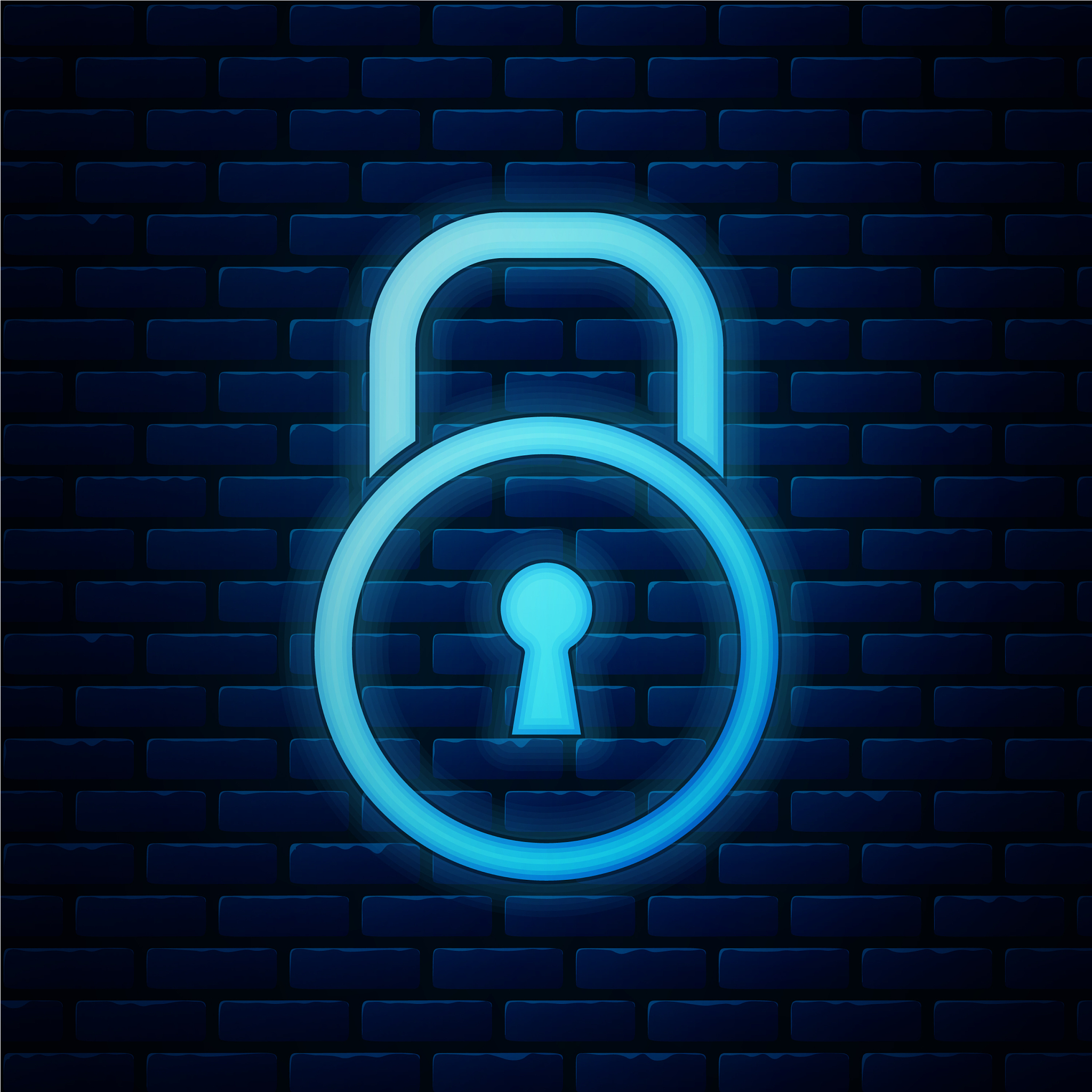 glowing neon lock icon isolated on brick wall