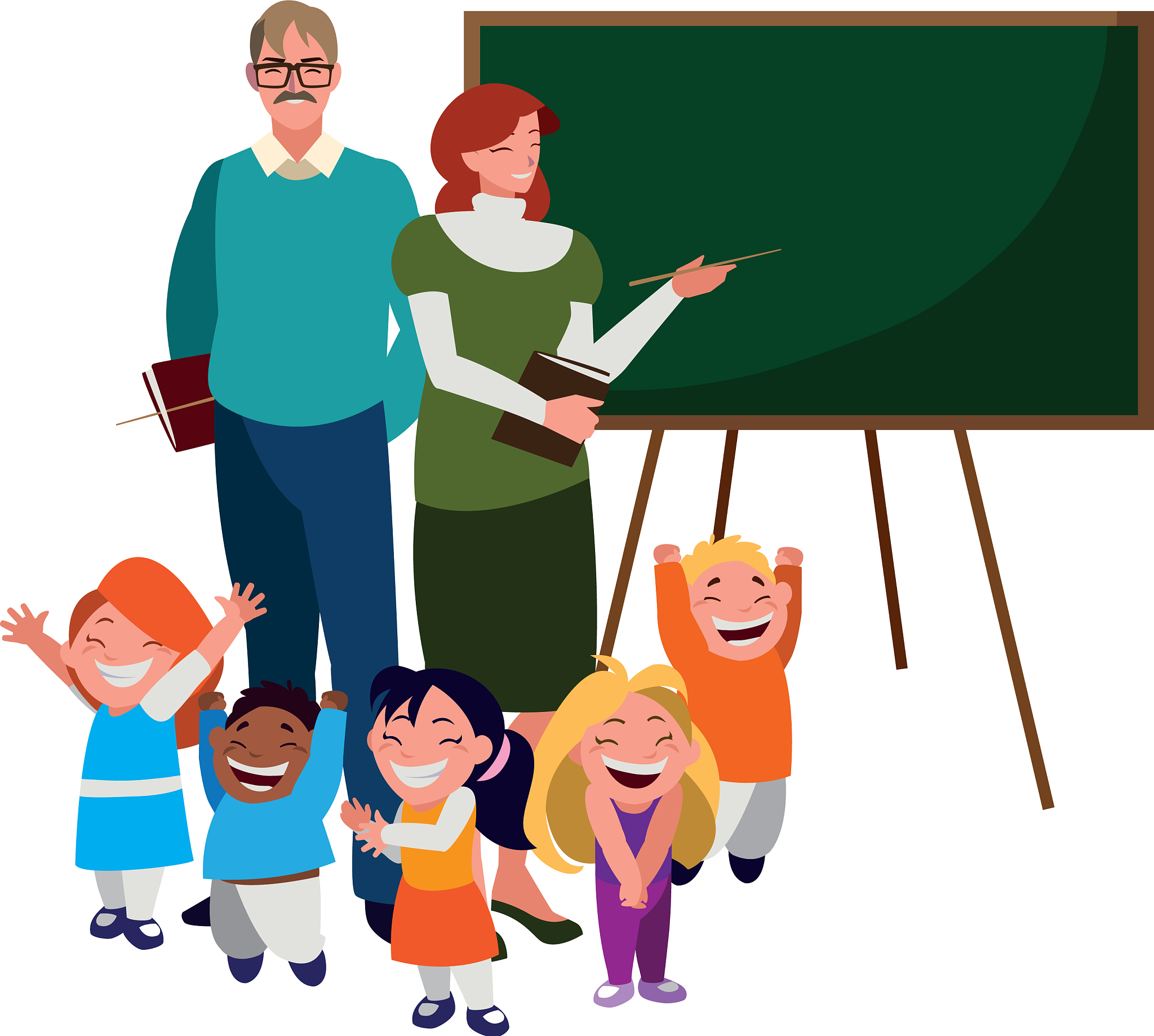 teachers couple with little students and