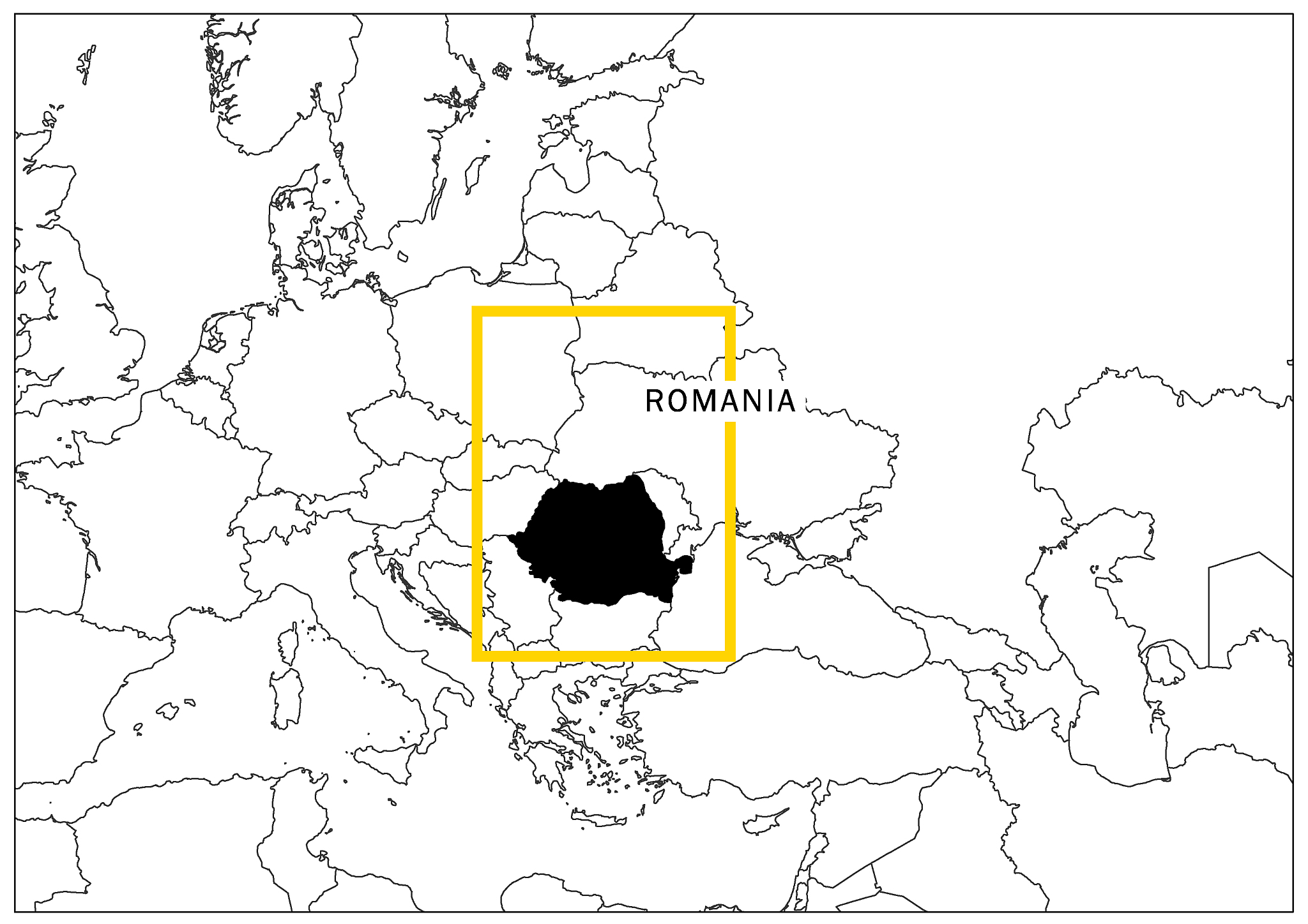 romania map with yellow frame and name country
