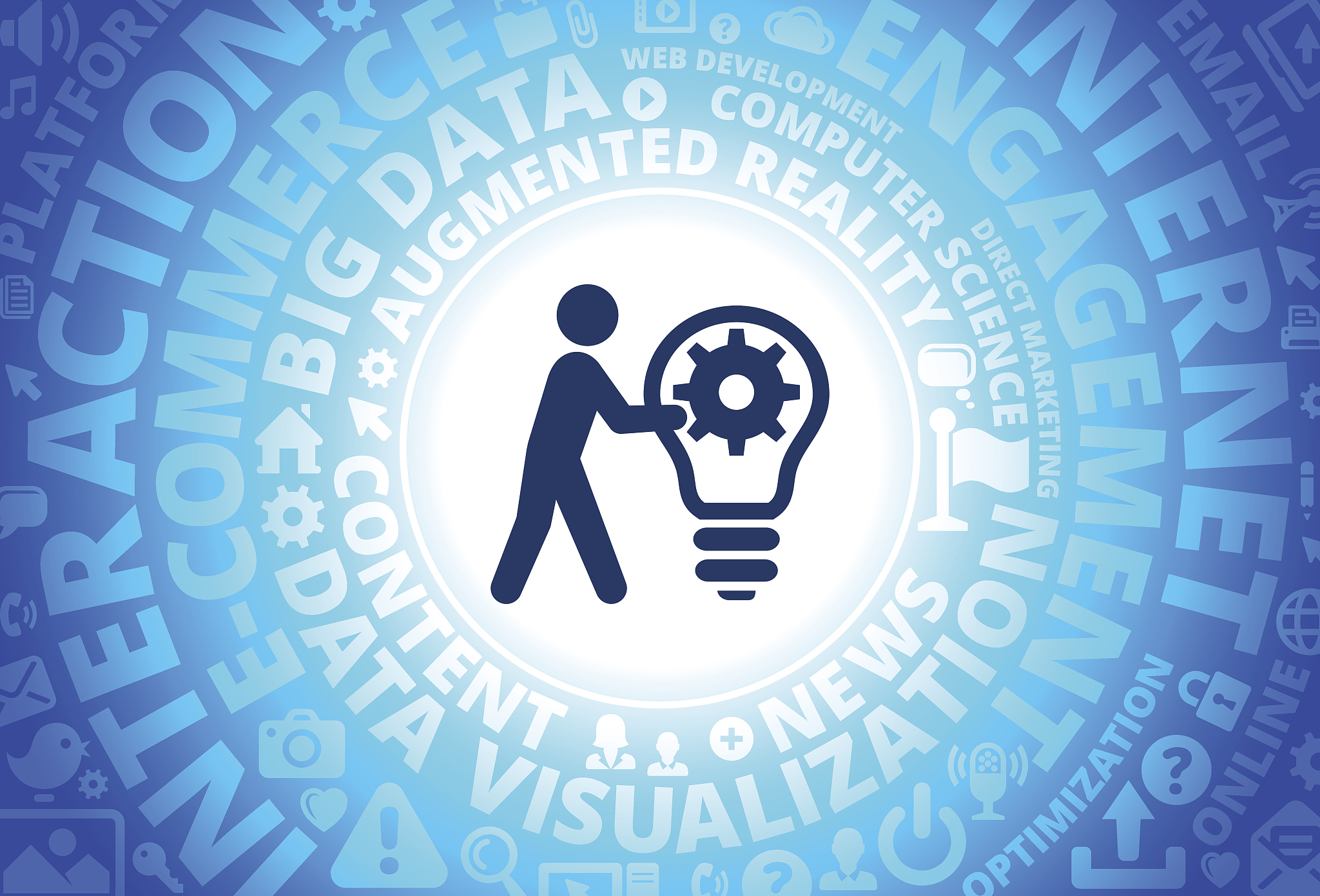 stick figure & idea gear icon on internet modern technology word