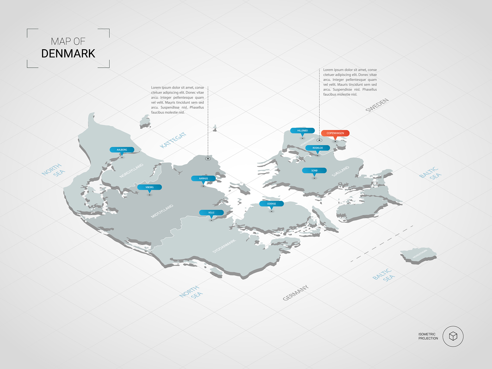 isometric denmark map with city names and