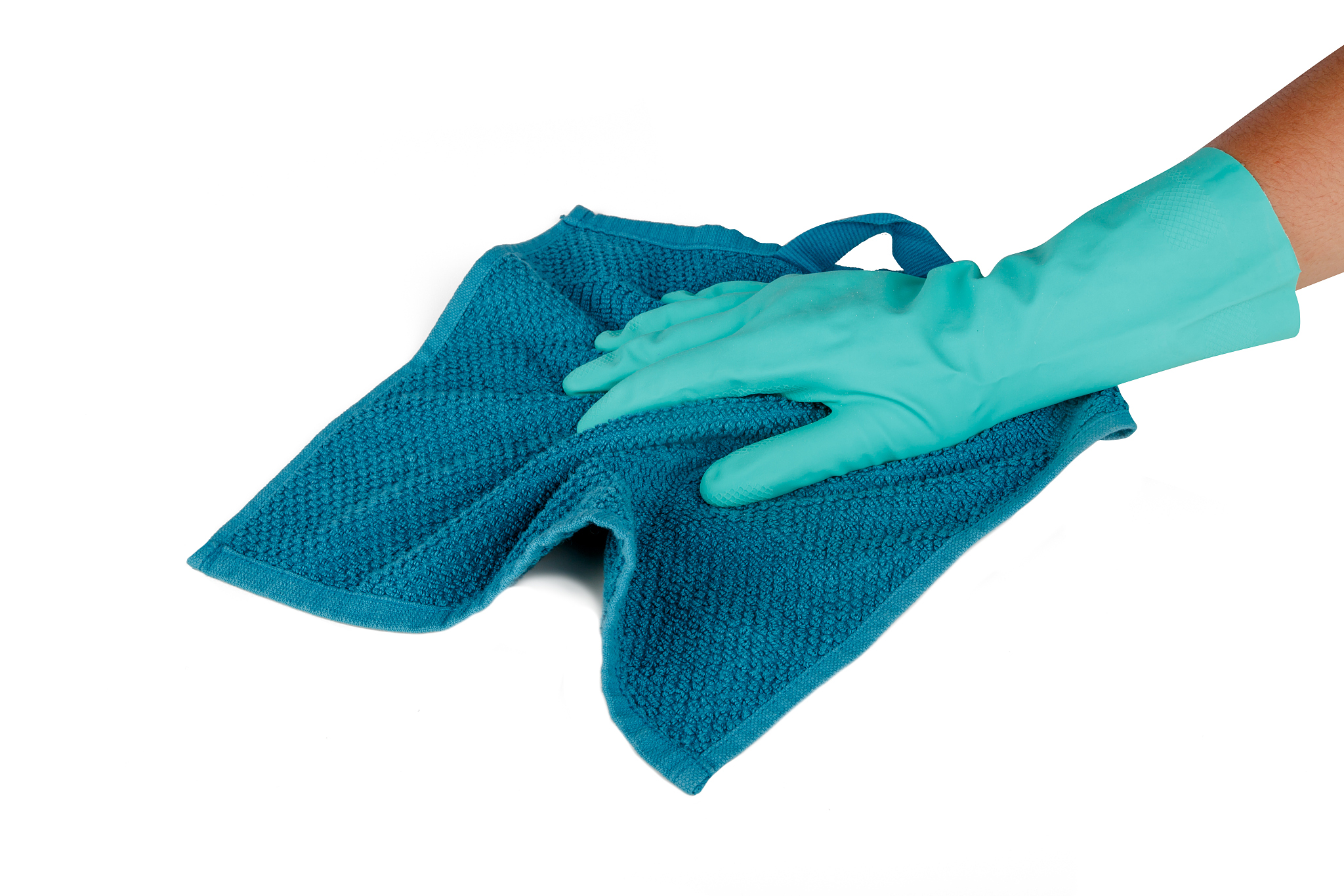 hands with rubber glove and towel