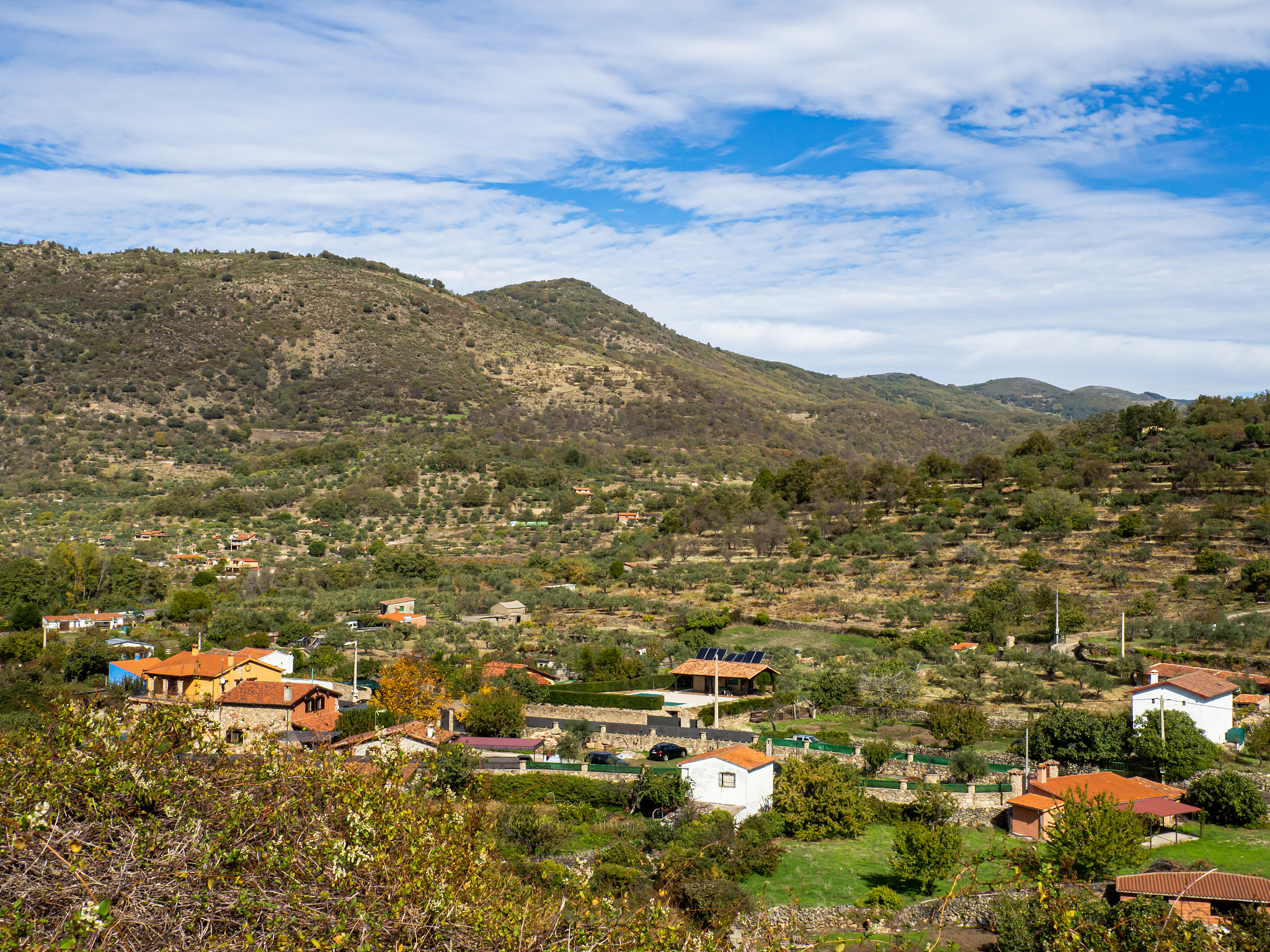 aerial photo of a landscape of a mountain village with houses, c